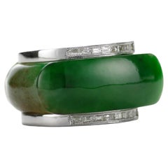 Retro Jade Saddle Ring with Gold & Diamond Frame GIA Certified Untreated 
