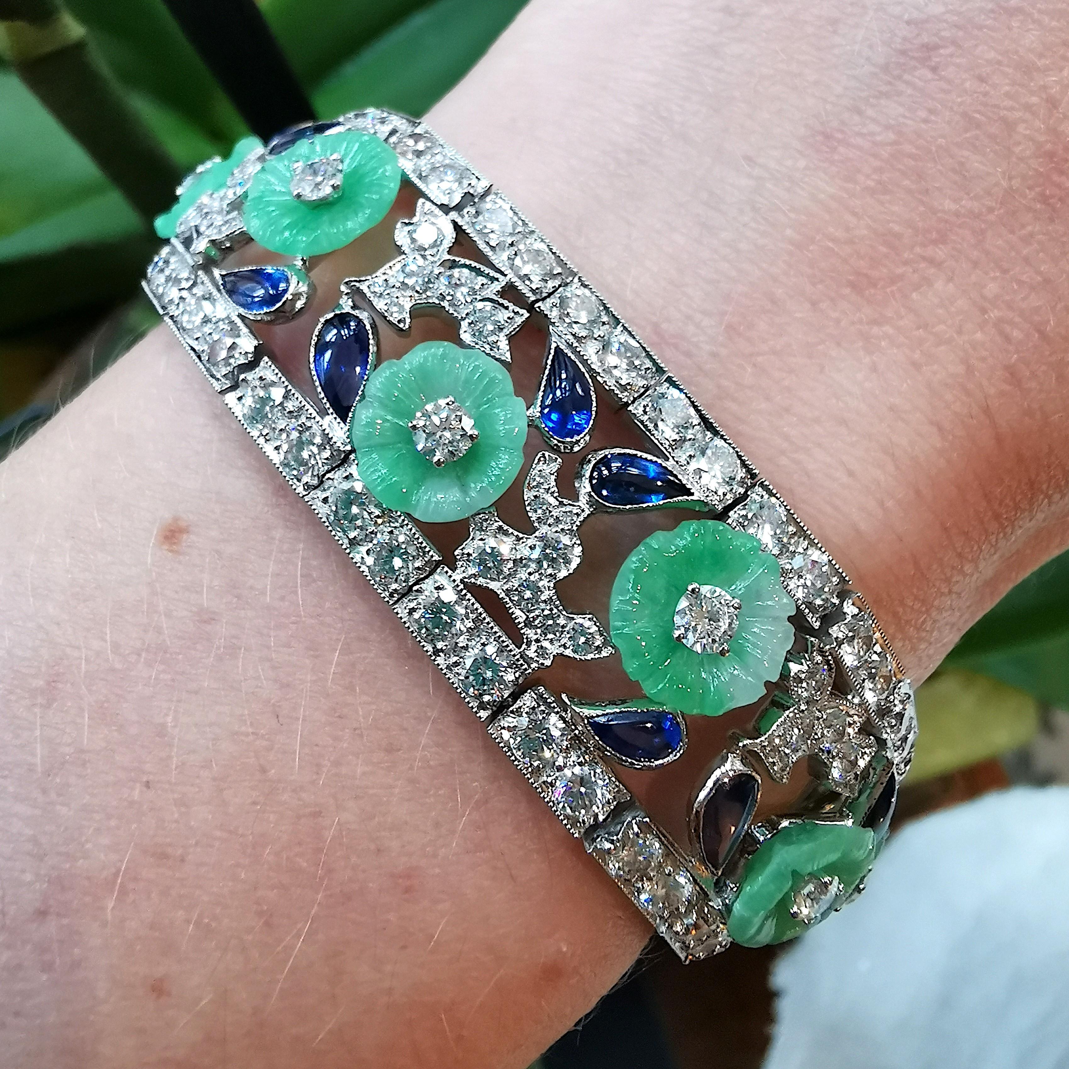 Jade, Sapphire, Diamond and Platinum Bracelet In New Condition In London, GB