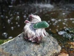 Jade, Sapphire, Ruby and Diamond Siamese Fighting Fish Brooch in 18K White Gold