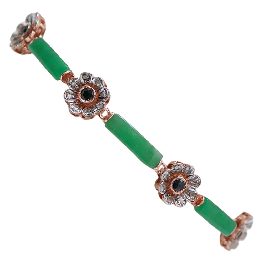 Jade, Sapphires, Diamonds, Rose Gold and Silver Retrò Bracelet. For Sale
