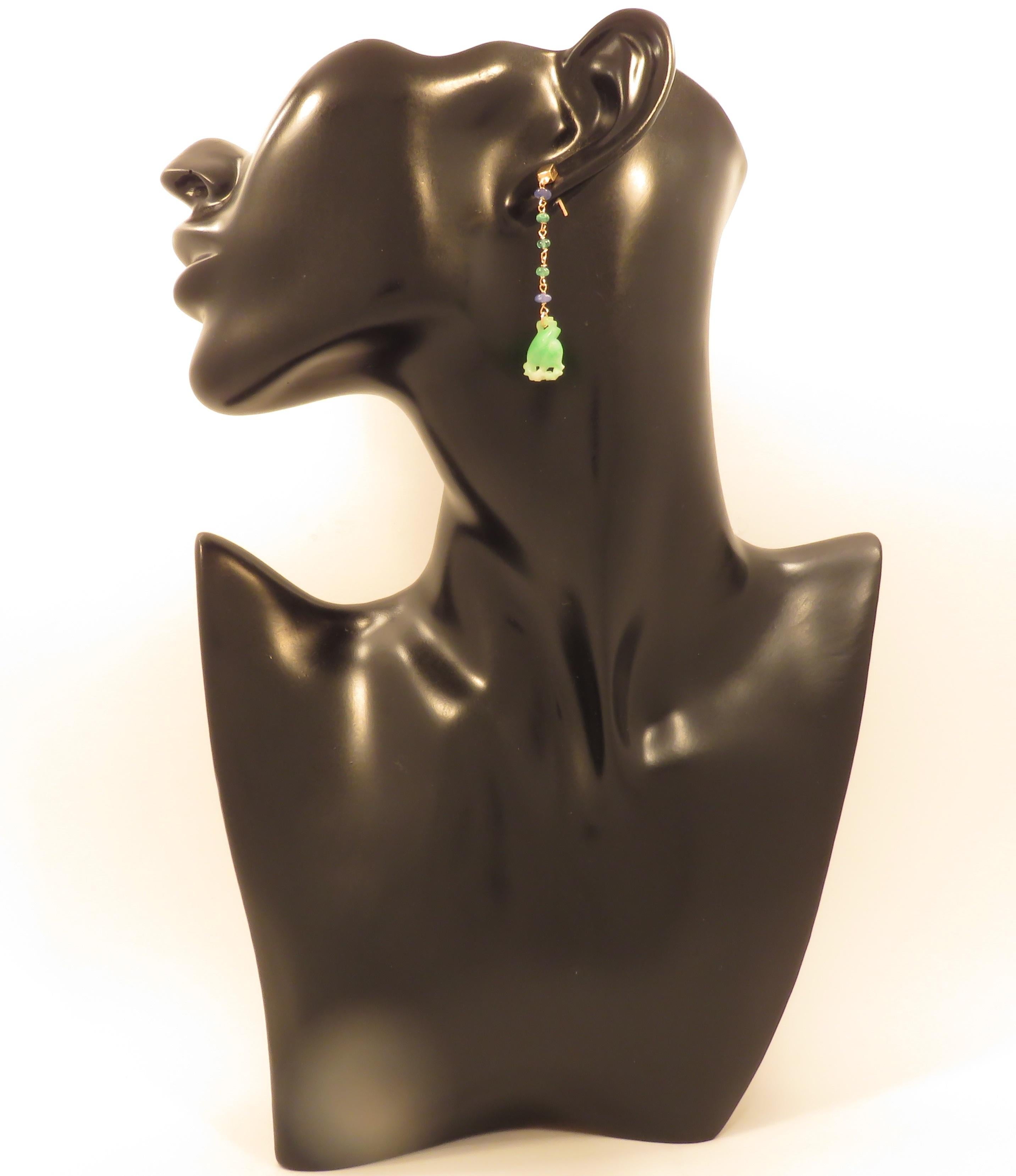 Contemporary Jade Sapphires Emeralds 9 Karat Rose Gold Dangle Earrings Handcrafted in Italy For Sale