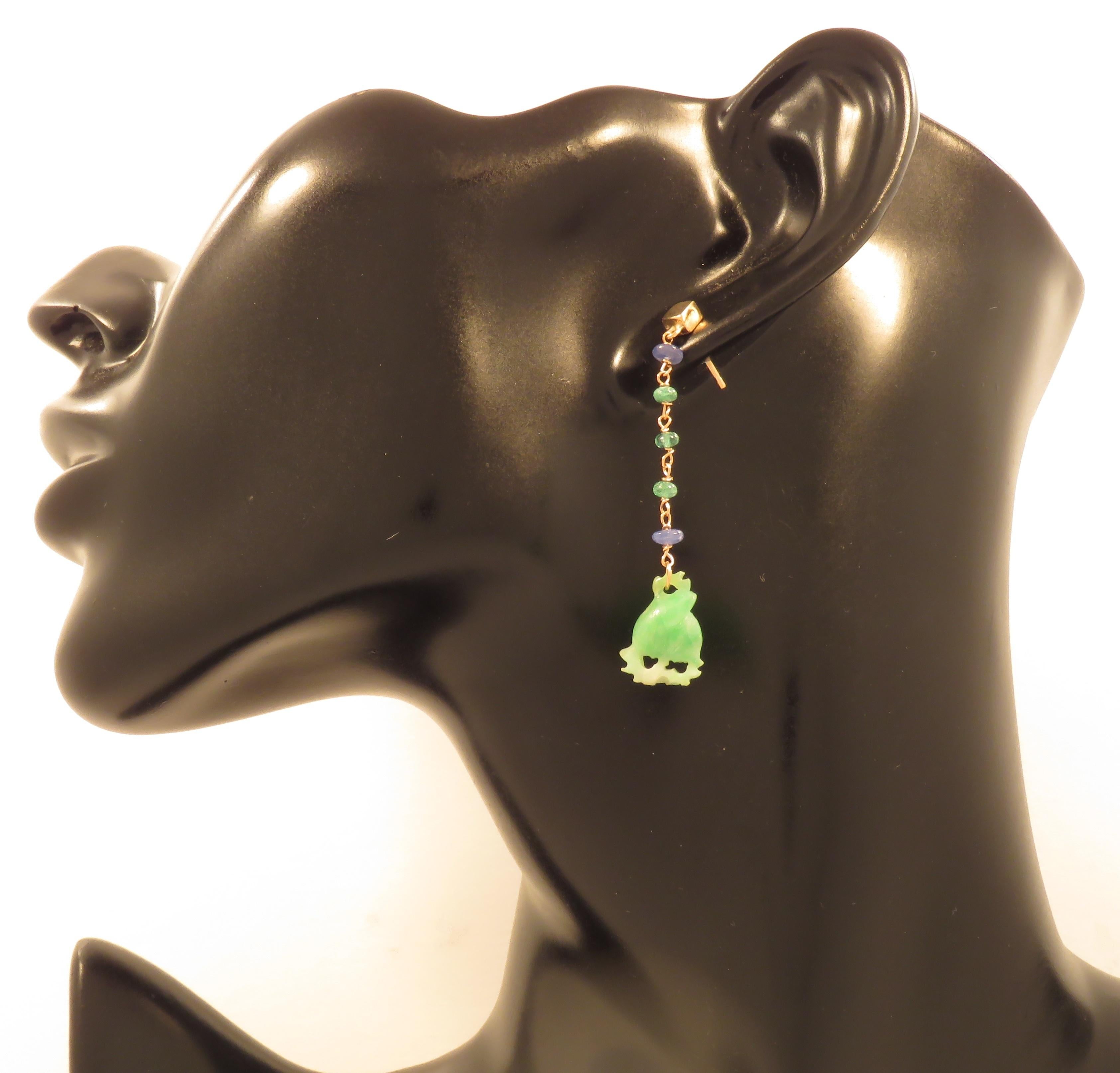 Cabochon Jade Sapphires Emeralds 9 Karat Rose Gold Dangle Earrings Handcrafted in Italy For Sale