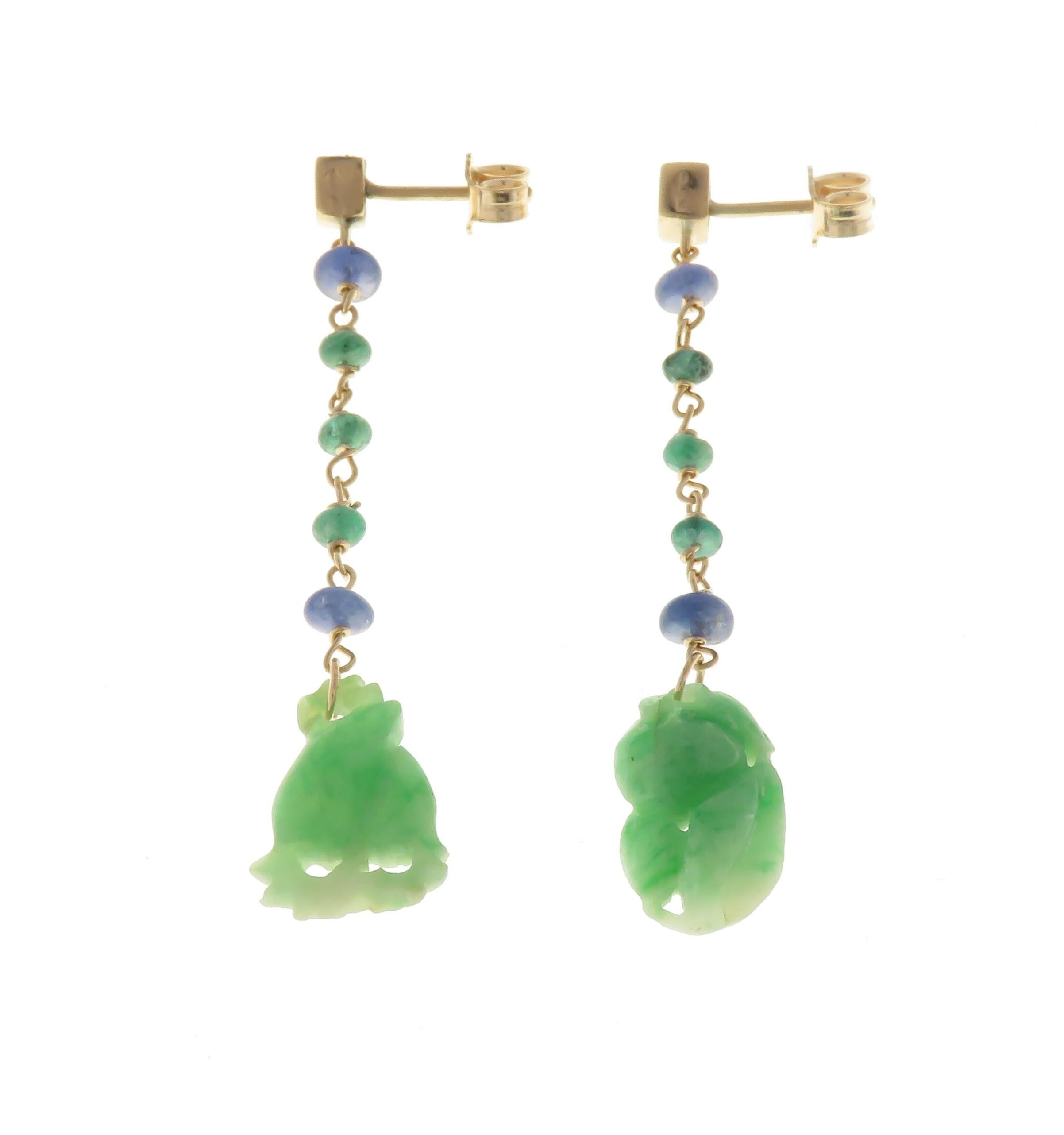 Jade Sapphires Emeralds 9 Karat Rose Gold Dangle Earrings Handcrafted in Italy In New Condition For Sale In Milano, IT