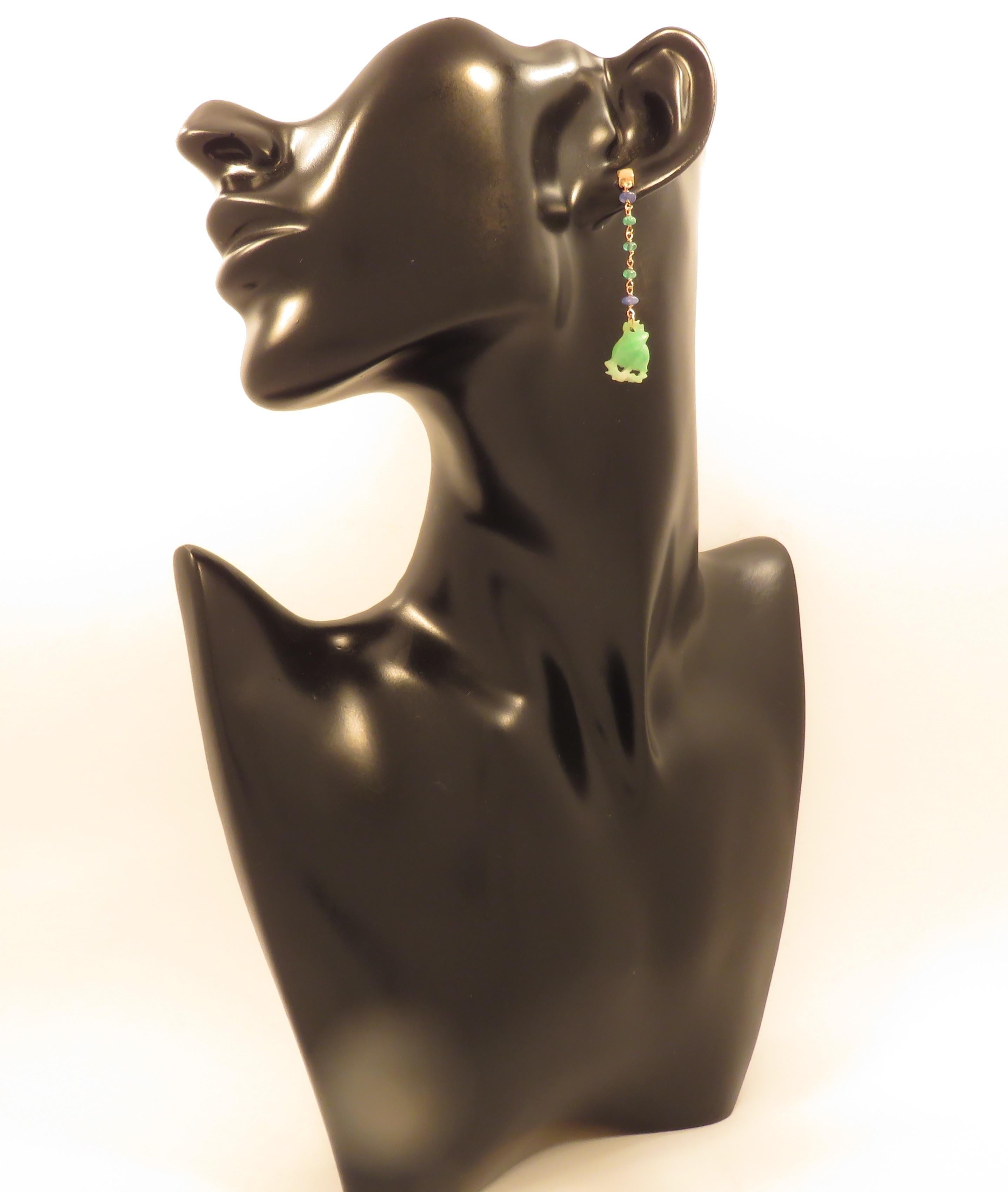 Women's Jade Sapphires Emeralds 9 Karat Rose Gold Dangle Earrings Handcrafted in Italy For Sale