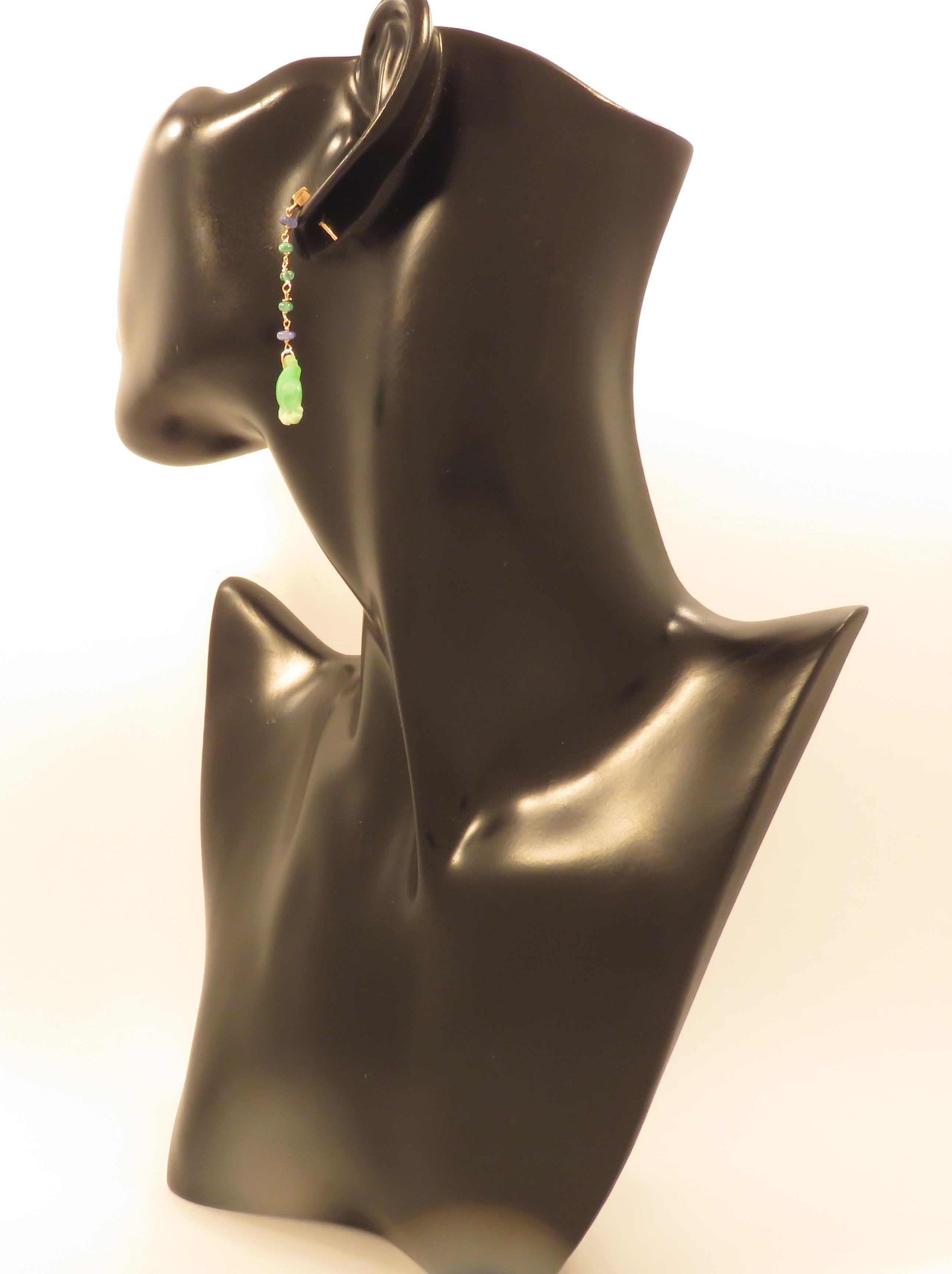 Jade Sapphires Emeralds 9 Karat Rose Gold Dangle Earrings Handcrafted in Italy For Sale 1