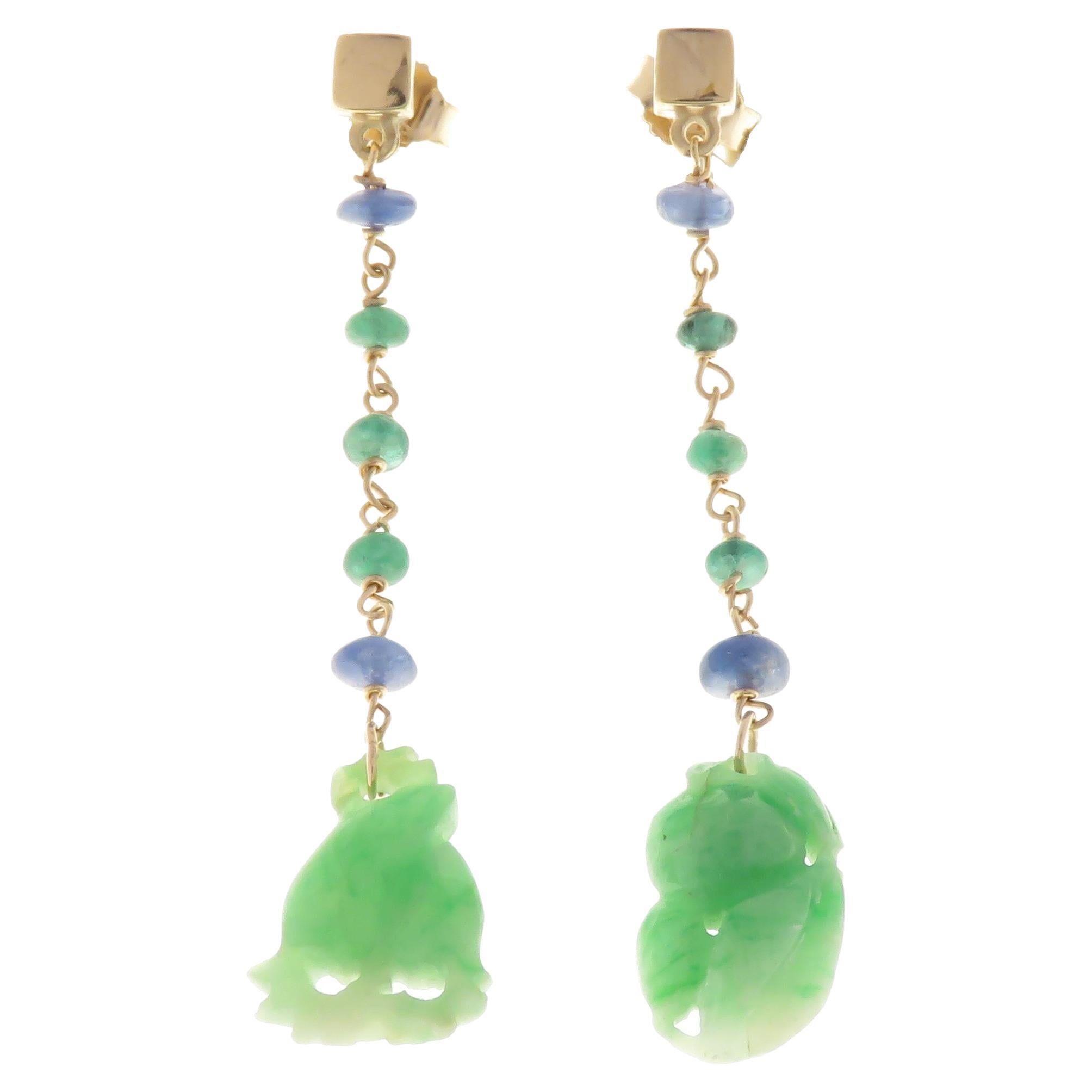 Jade Sapphires Emeralds 9 Karat Rose Gold Dangle Earrings Handcrafted in Italy For Sale