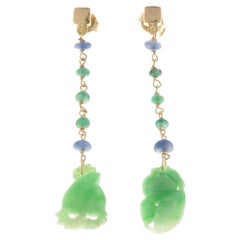 Pendants d'oreilles en or rose 9 carats avec jade, saphirs et émeraudes, fabriqués à la main en Italie