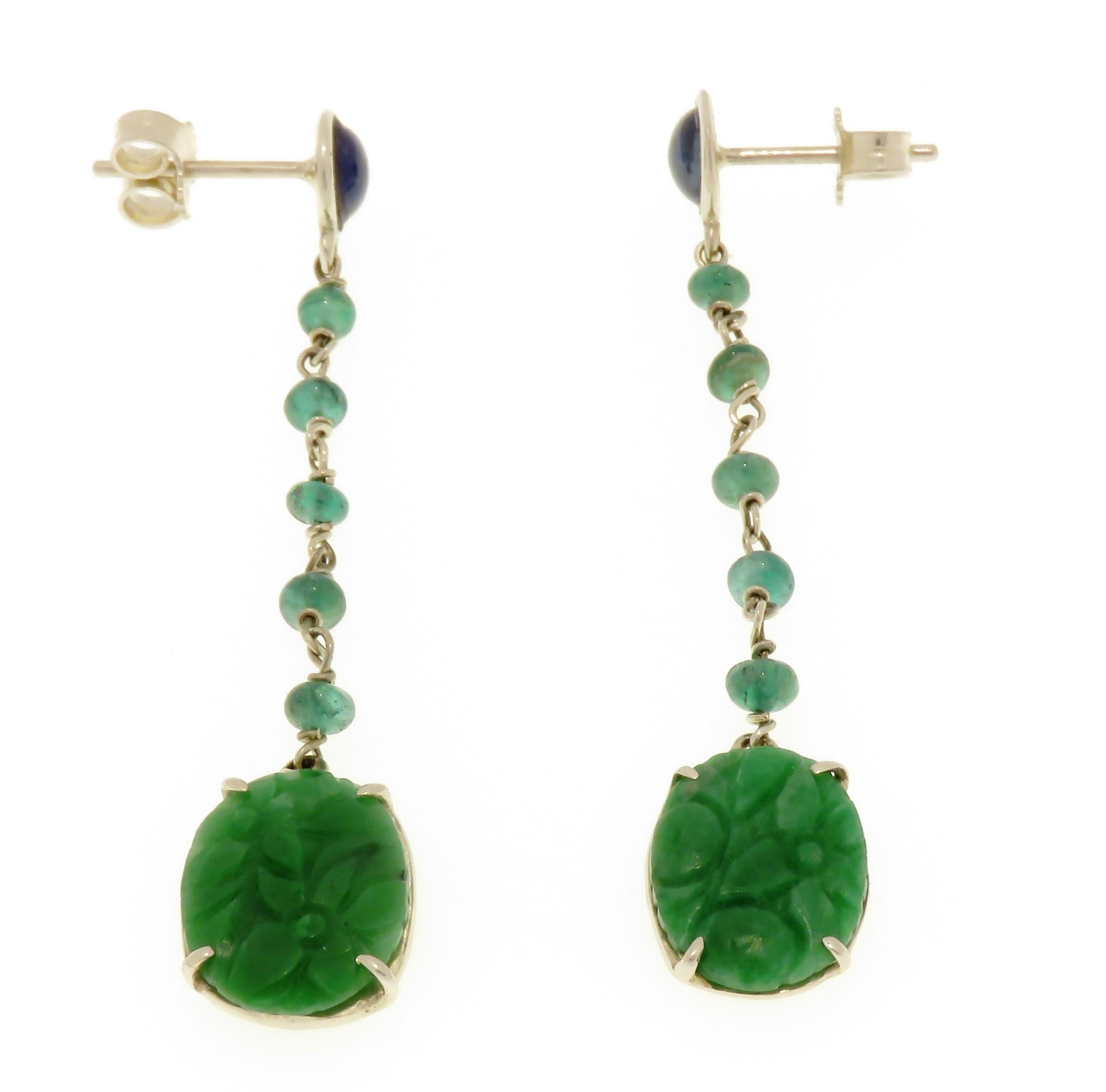 Contemporary Jade Sapphires Emeralds 9 Karat White Gold Dangle Earrings Handcrafted in Italy