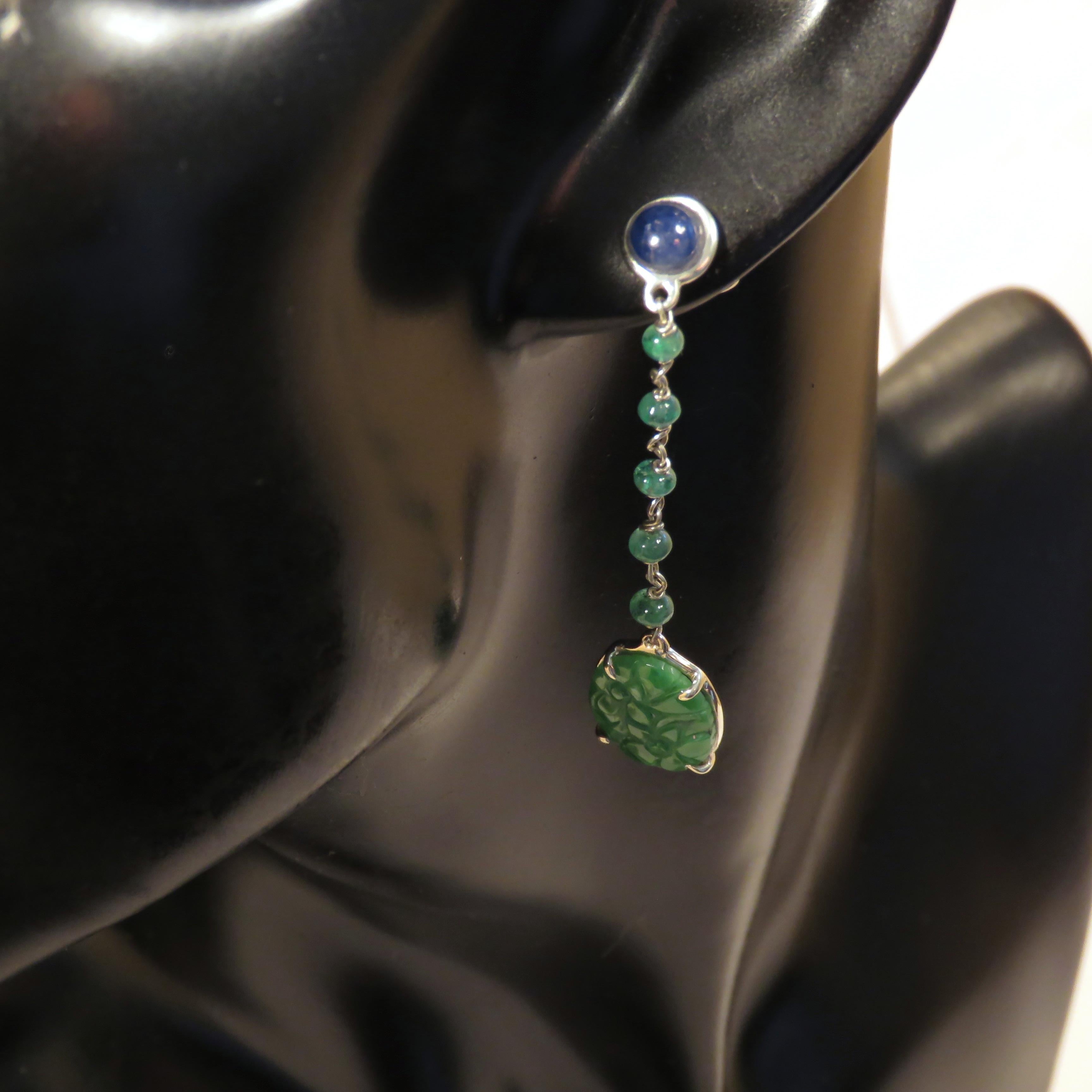 Cabochon Jade Sapphires Emeralds 9 Karat White Gold Dangle Earrings Handcrafted in Italy