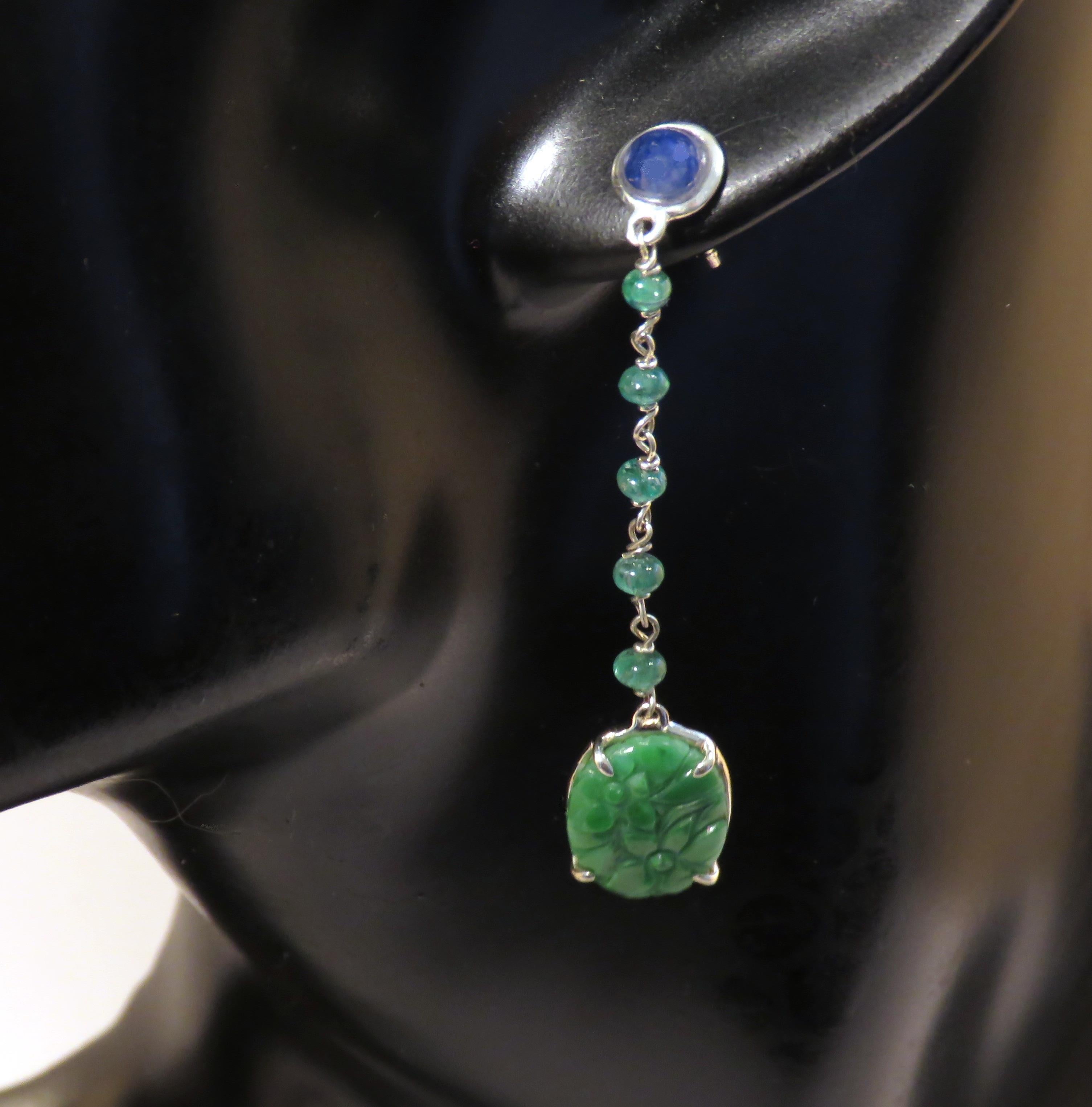 Jade Sapphires Emeralds 9 Karat White Gold Dangle Earrings Handcrafted in Italy In New Condition In Milano, IT