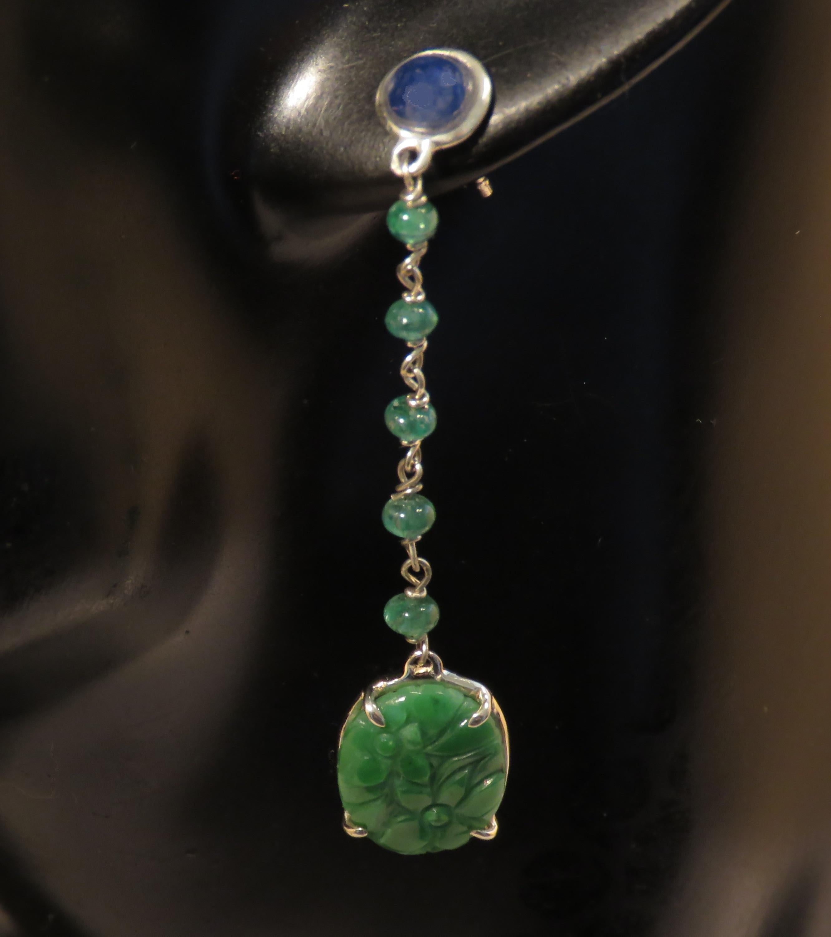 Women's Jade Sapphires Emeralds 9 Karat White Gold Dangle Earrings Handcrafted in Italy