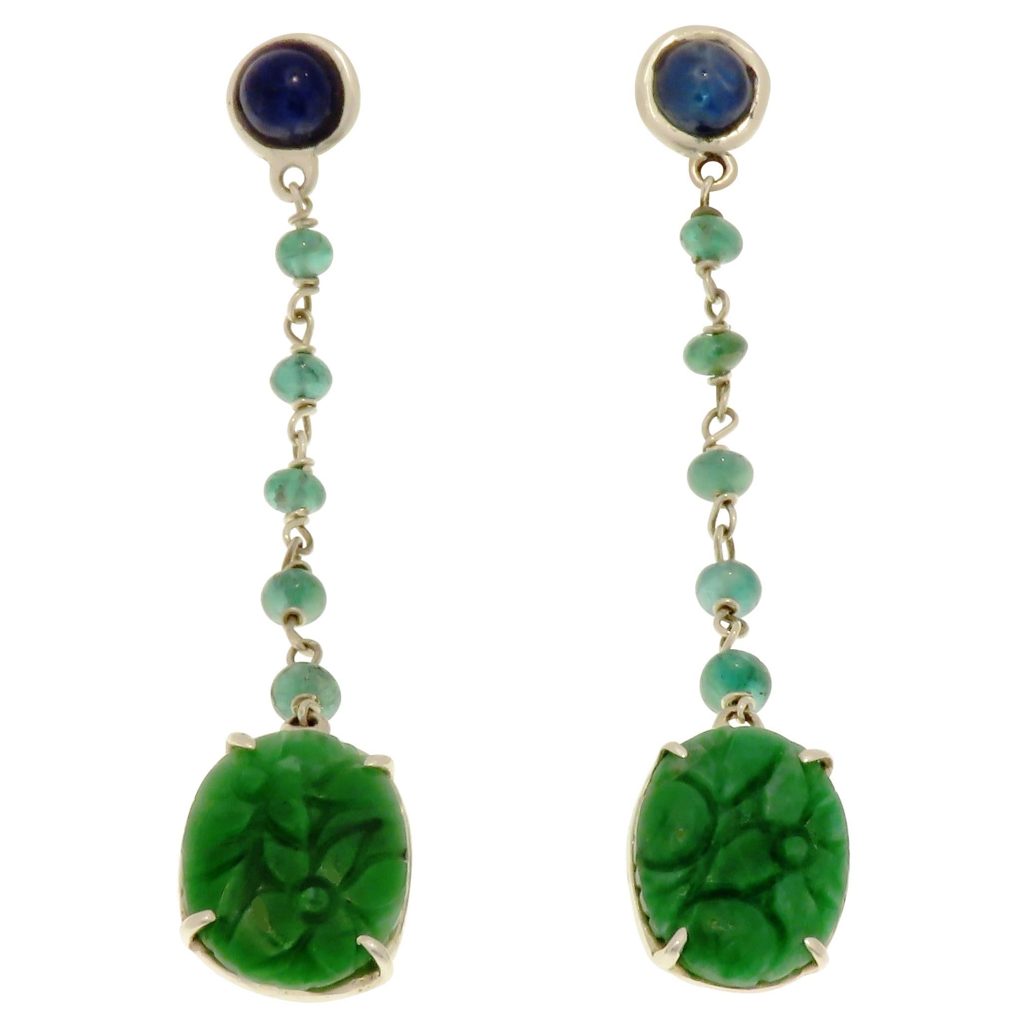 Jade Sapphires Emeralds 9 Karat White Gold Dangle Earrings Handcrafted in Italy