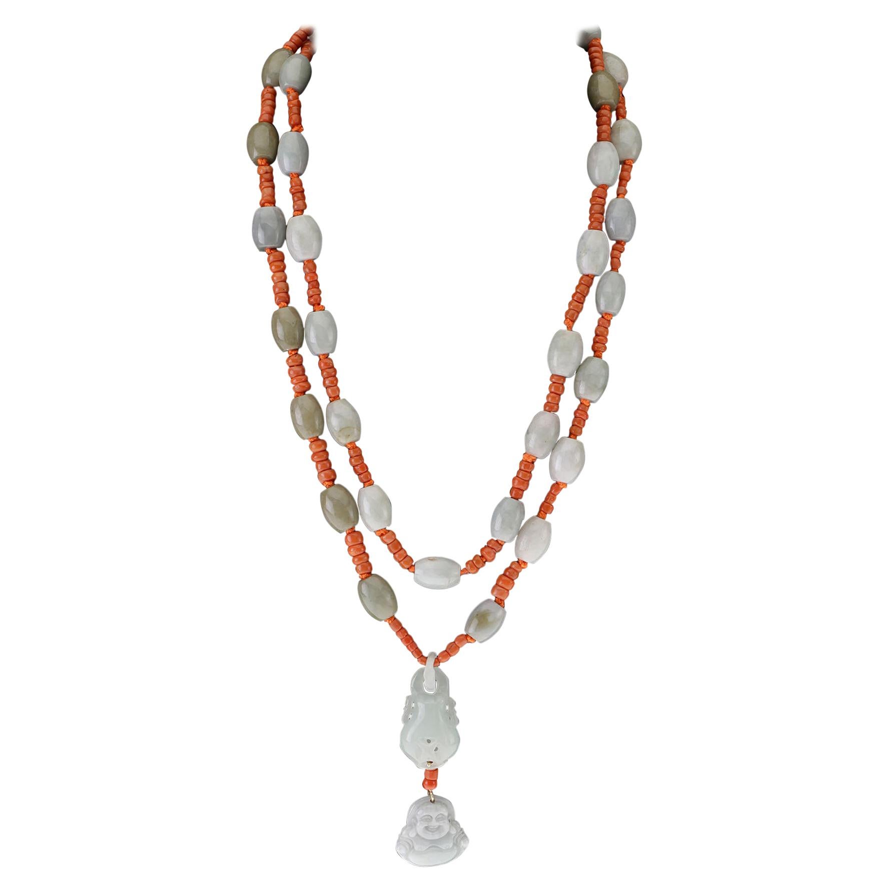 Jade Sciacca Coral Long Necklace 18 Karat Gold For Sale