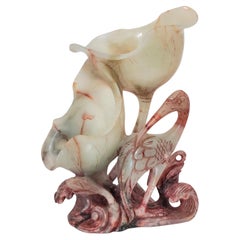 Antique Chinese Soapstone Carving of a Crane and Lotus Flowers
