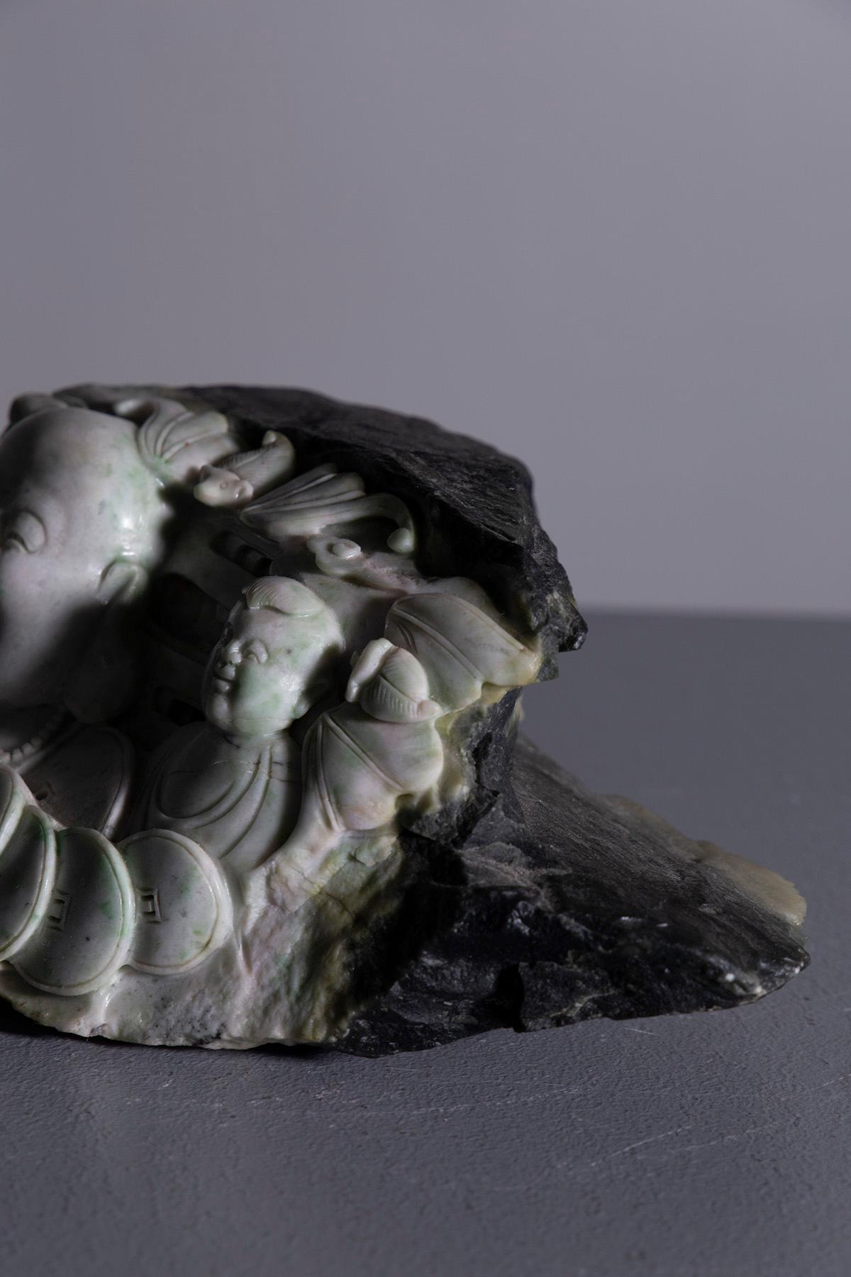 Chinoiserie Jade sculpture with buddha and child For Sale