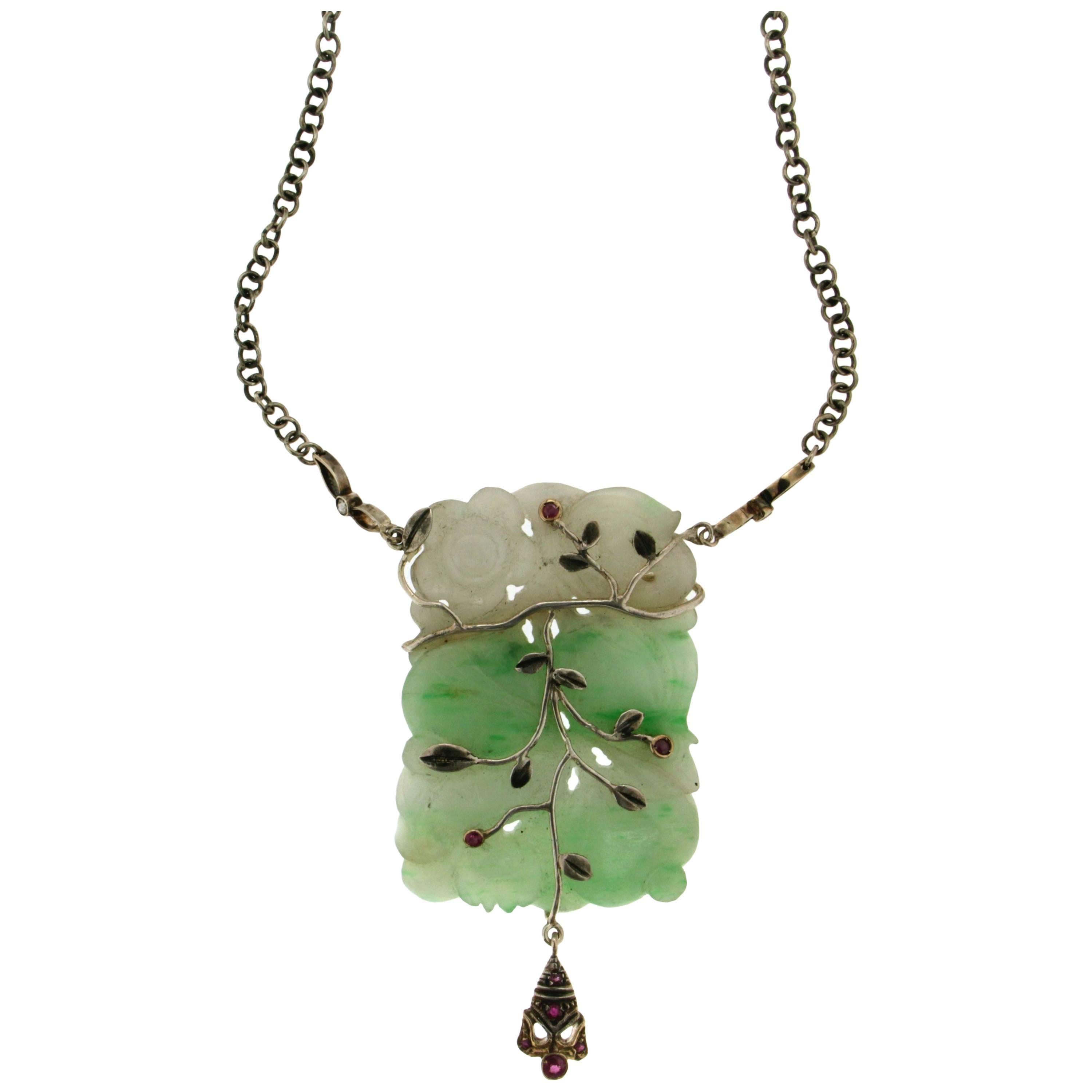 Jade Silver and 9 karat Yellow Gold Drop Necklace