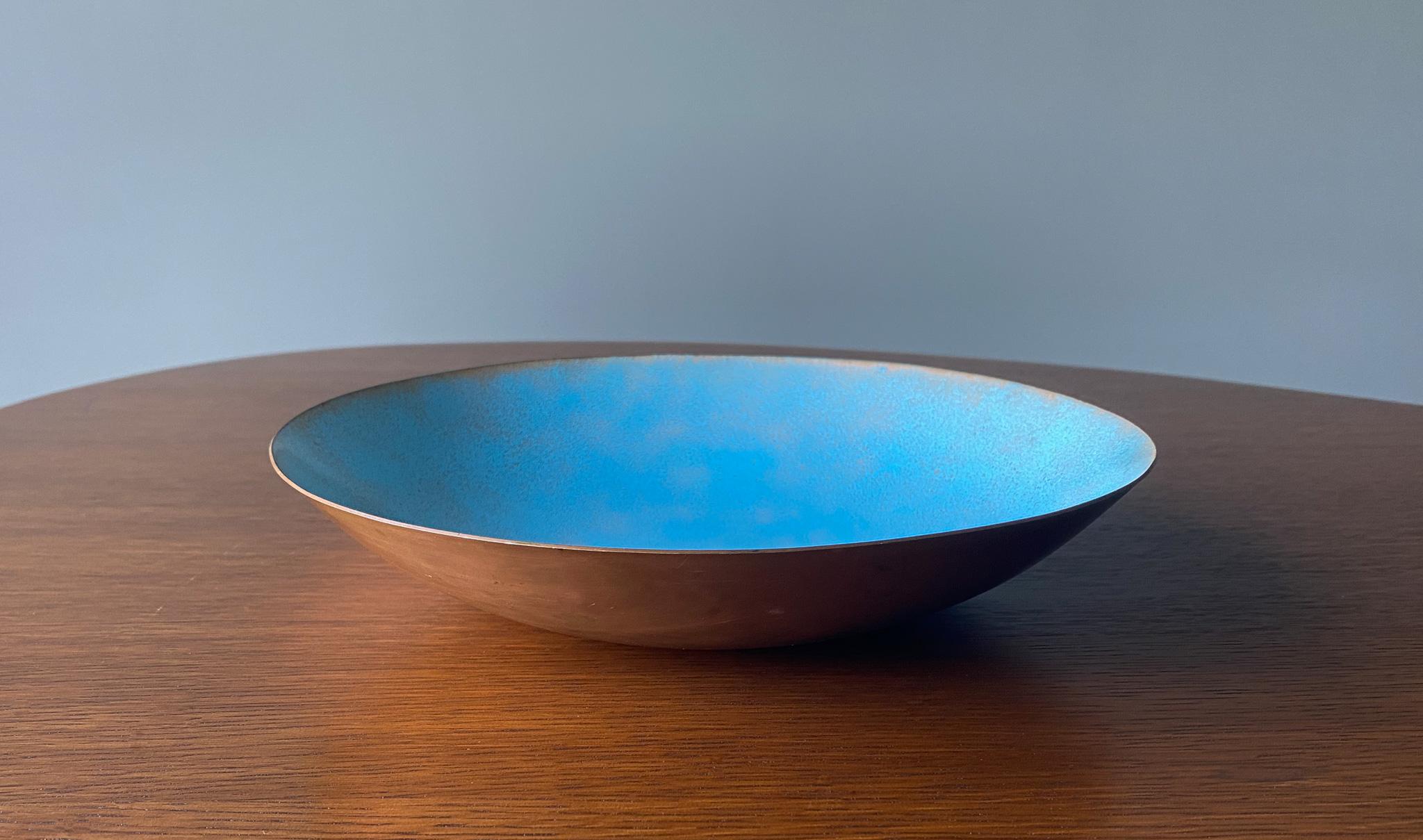 Jade Snow Wong Blue Enameled Copper Bowl, United States,  1950's.  Signed to the bottom. 