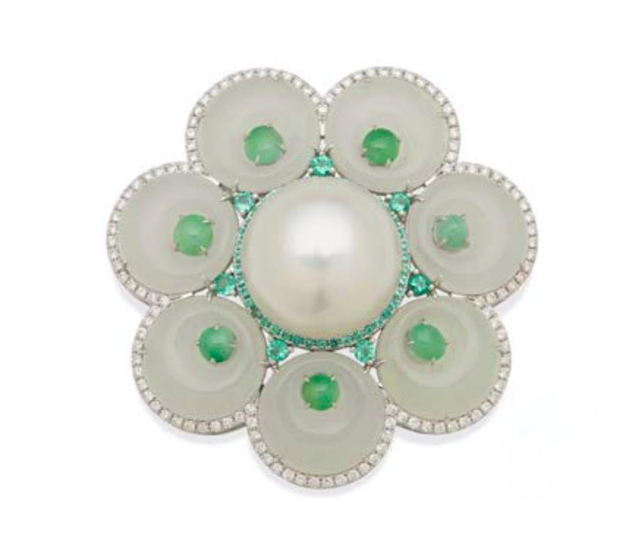 Contemporary Eostre Jade, South Sea Pearl, Tsavorite and Diamond White Gold Brooch For Sale