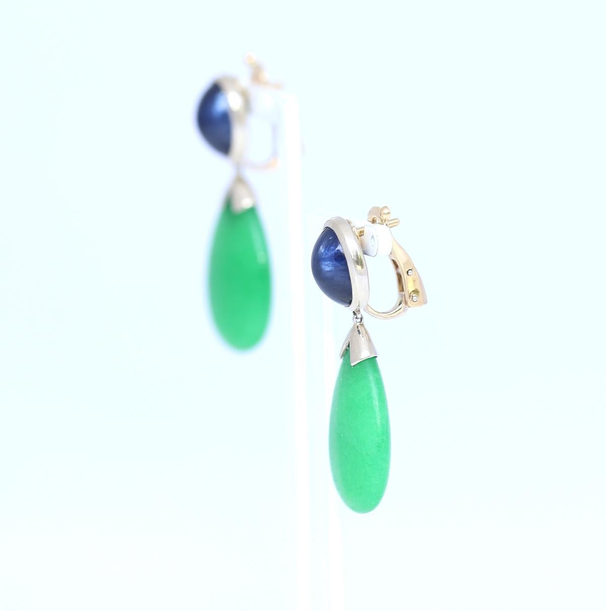 Jade Star Sapphire Cabochon Earrings 18 Karat Gold, 1990 9