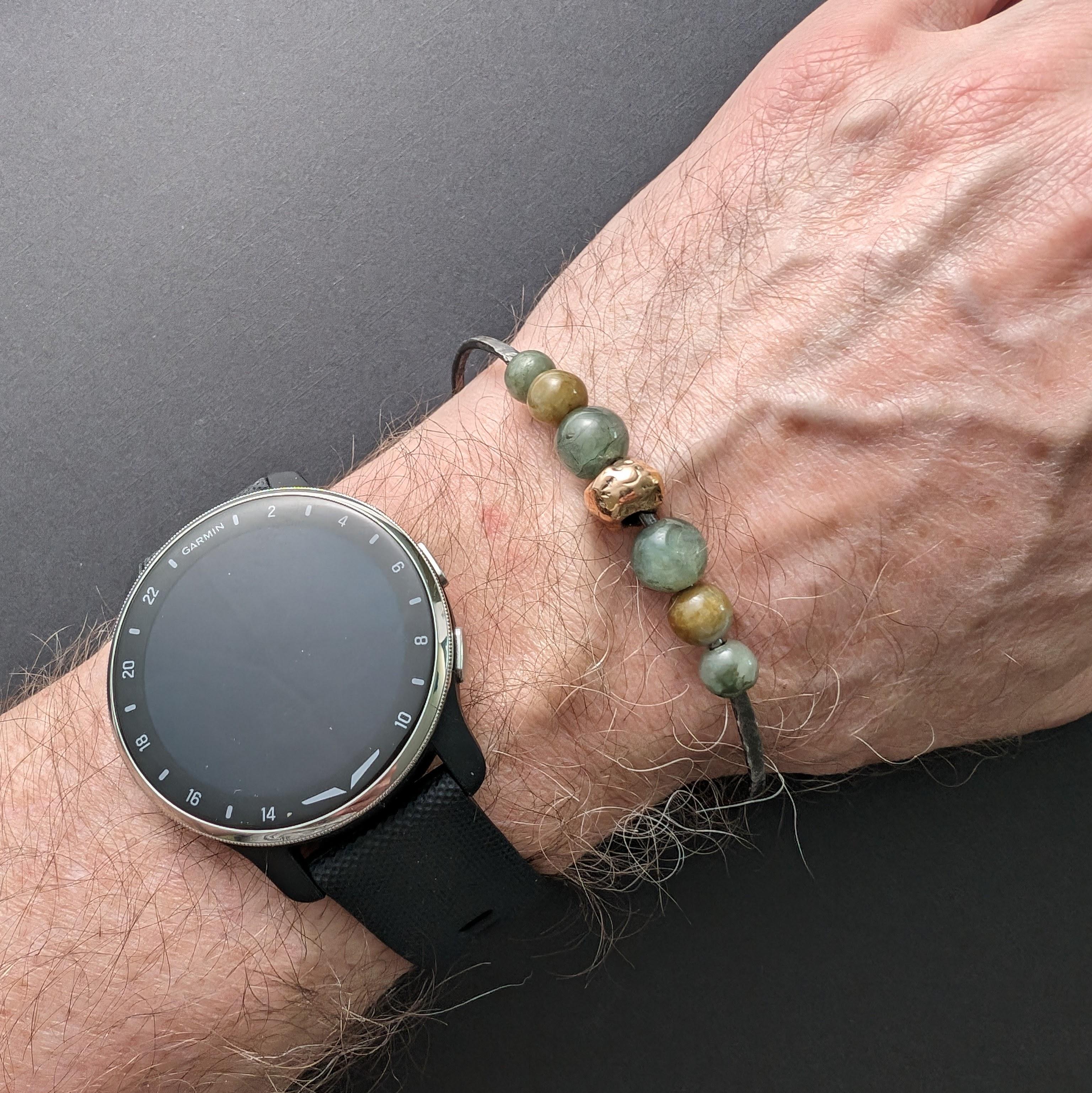 Jade Cuff Bracelet, Steel & 22k Gold Bead Handmade, Unisex For Sale 9