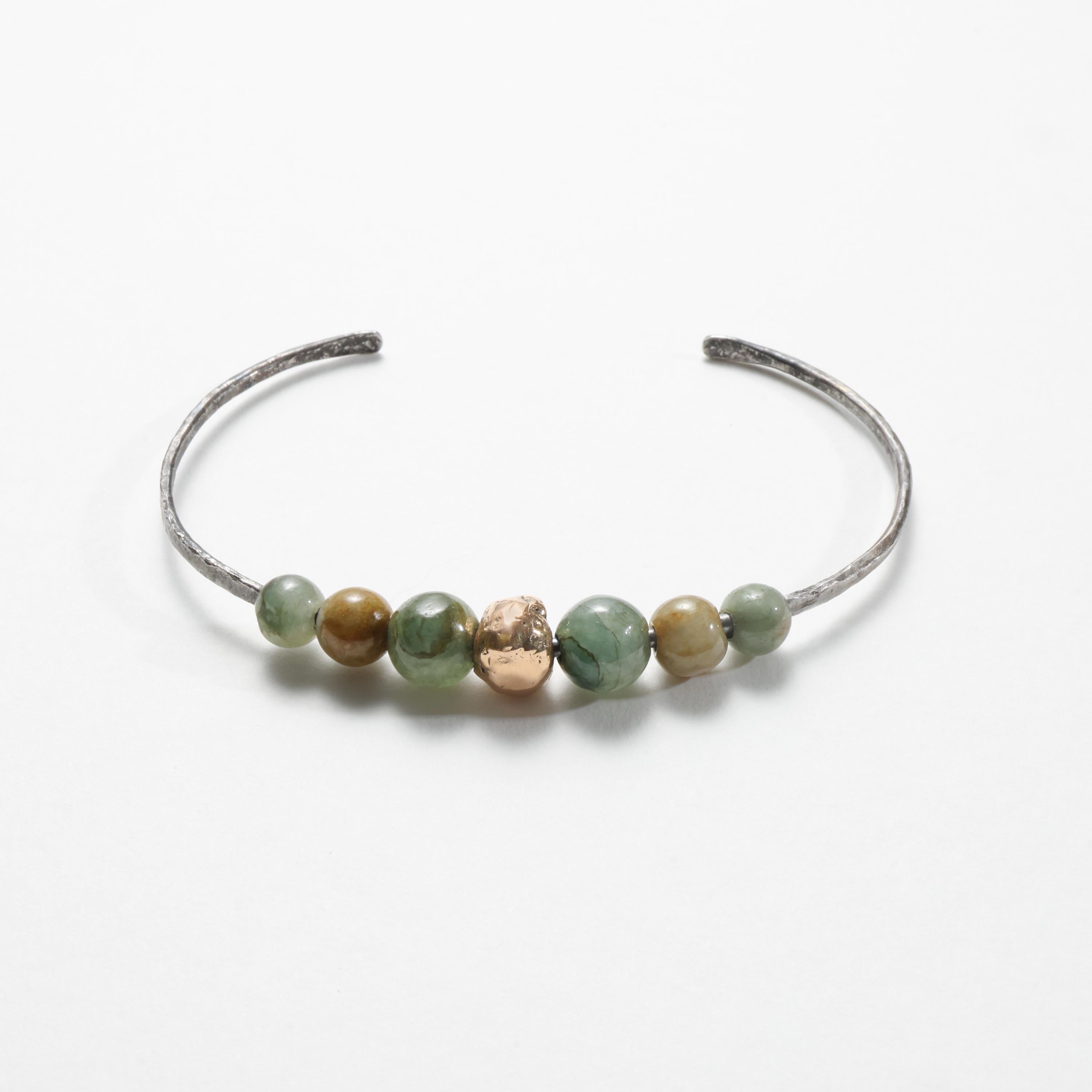 Artisan Jade Cuff Bracelet, Steel & 22k Gold Bead Handmade, Unisex For Sale