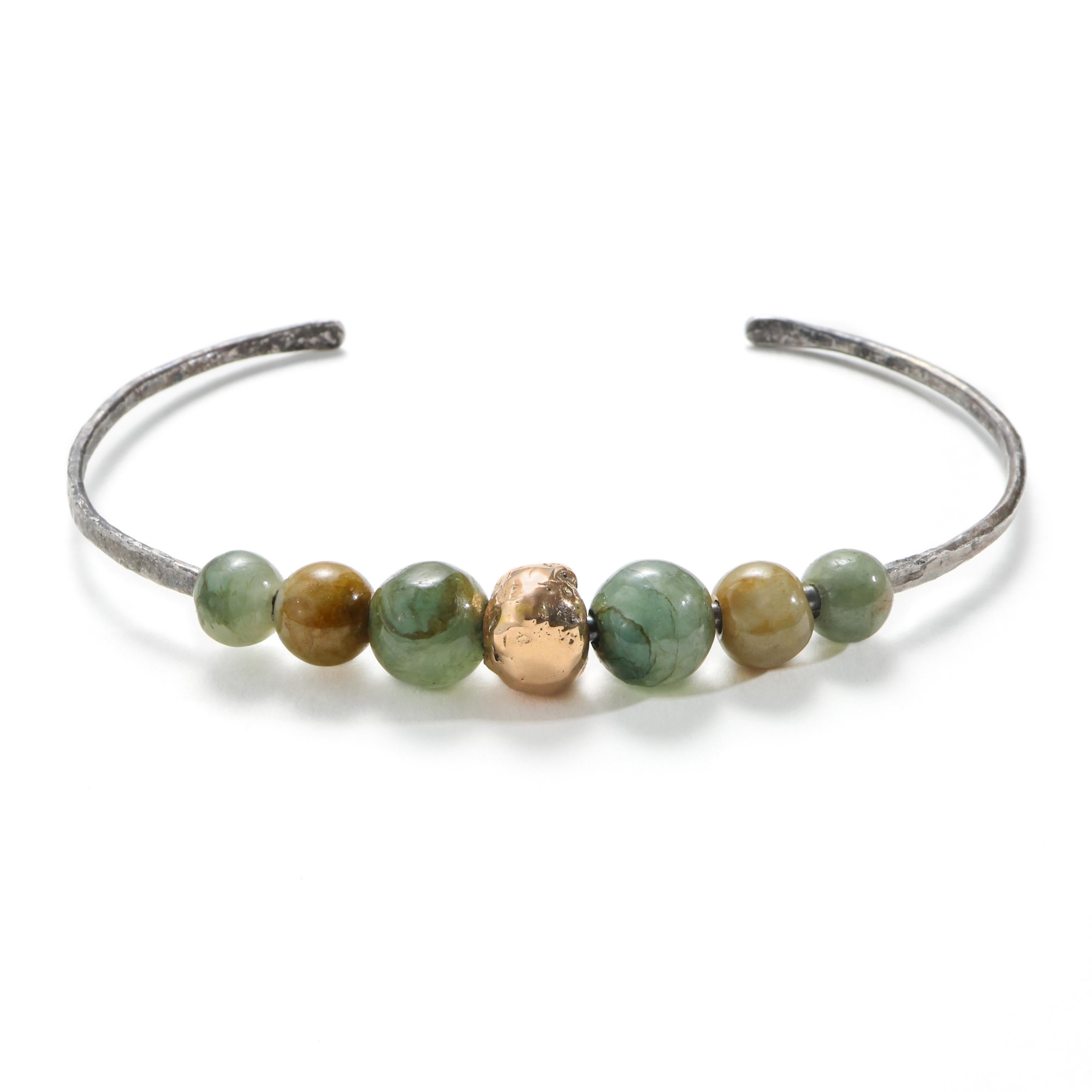 Jade Cuff Bracelet, Steel & 22k Gold Bead Handmade, Unisex In New Condition For Sale In Southbury, CT