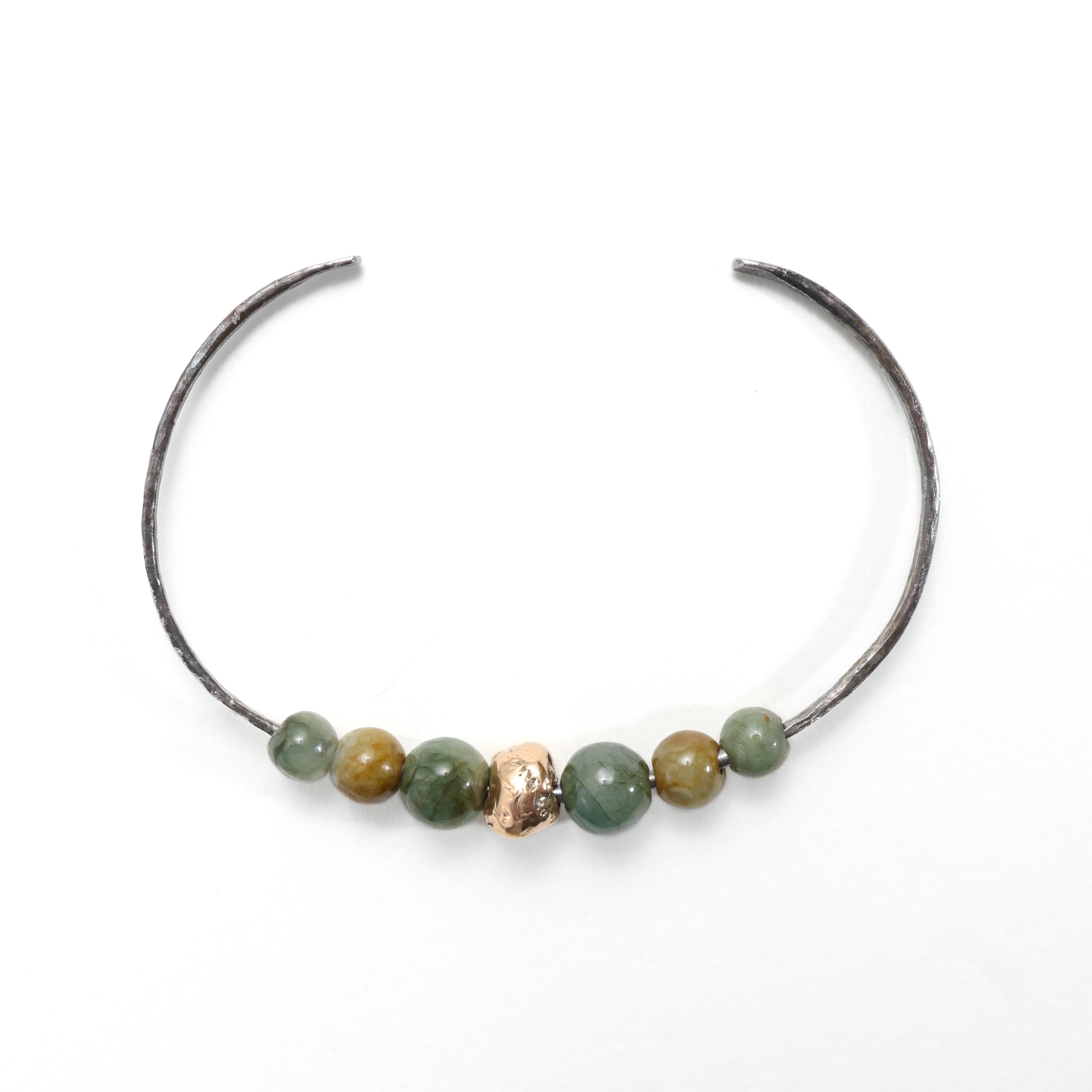 Jade Cuff Bracelet, Steel & 22k Gold Bead Handmade, Unisex For Sale 1