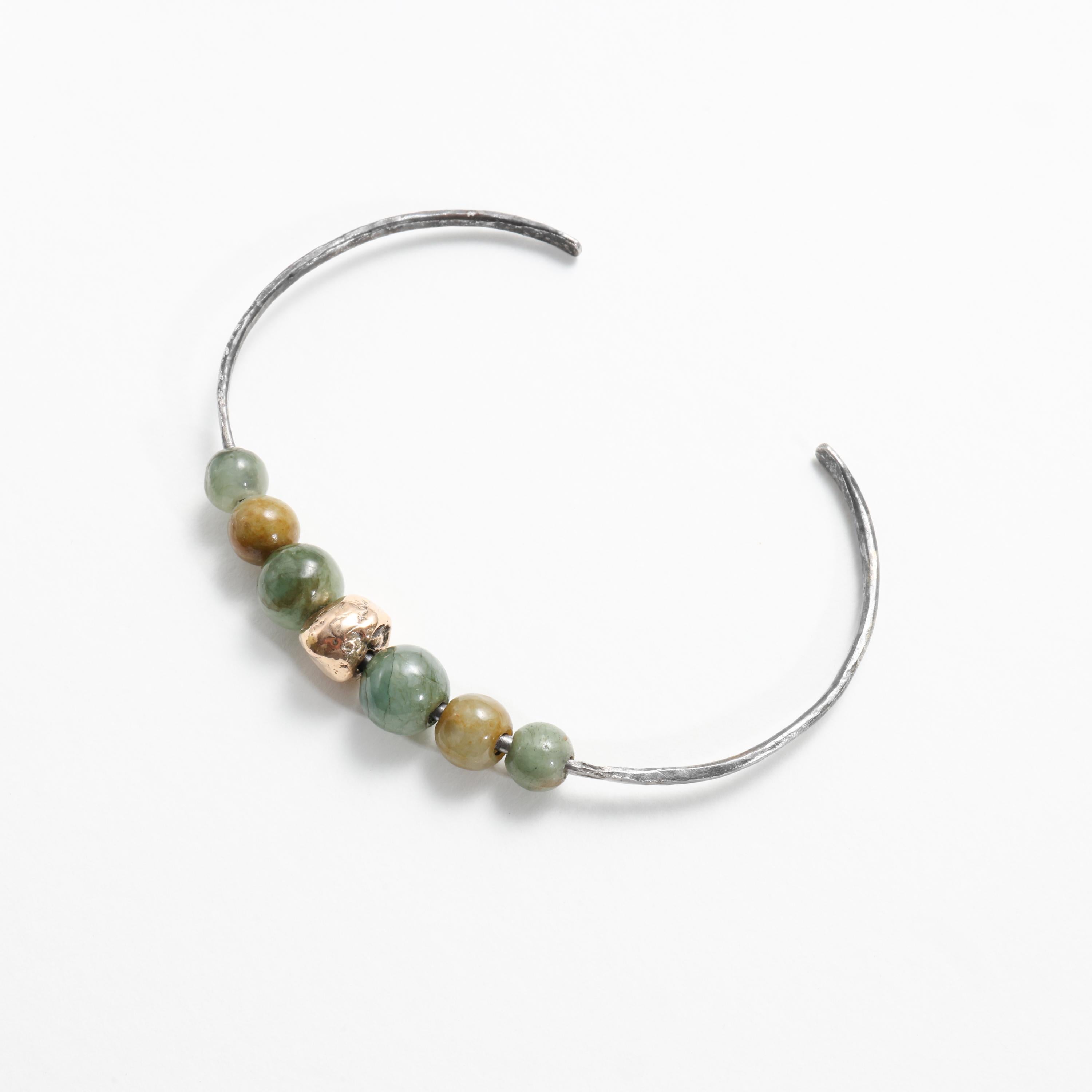 Jade Cuff Bracelet, Steel & 22k Gold Bead Handmade, Unisex For Sale 2