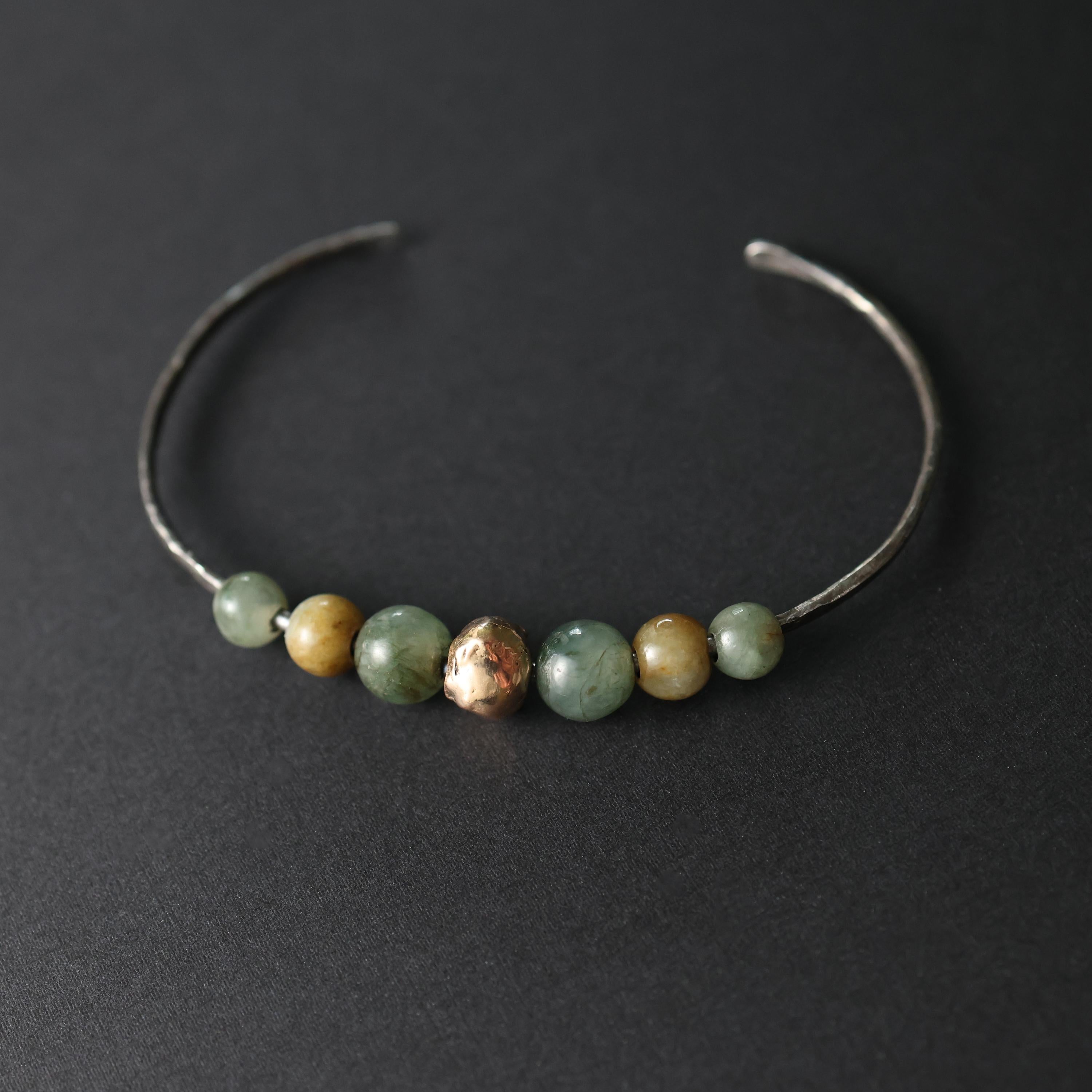 Jade Cuff Bracelet, Steel & 22k Gold Bead Handmade, Unisex For Sale 5