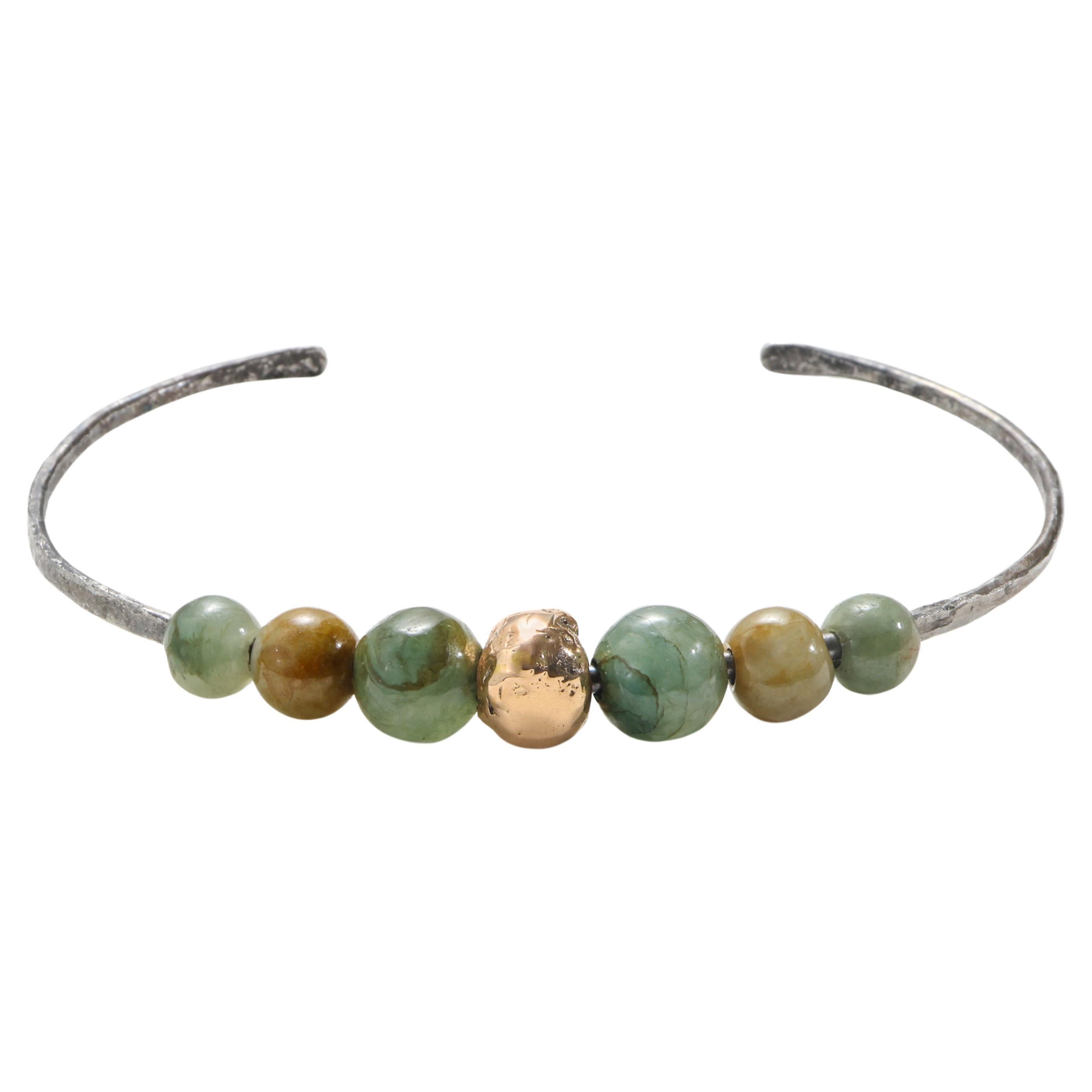 Jade Cuff Bracelet, Steel & 22k Gold Bead Handmade, Unisex