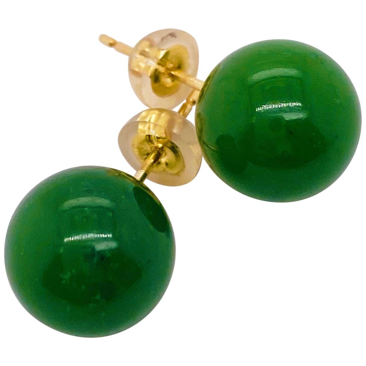 10mm Natural Green Jade Bead Stud Earrings – 18K Yellow Gold Plated