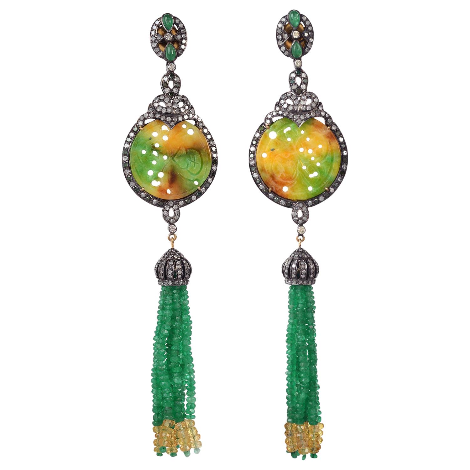 Jade Tassel Earrings With Diamonds Made In 18k Yellow Gold For Sale