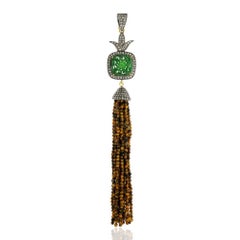 Jade & Tiger Eye Tassel Pendant with Pave Diamonds in 18k Yellow Gold & Silver