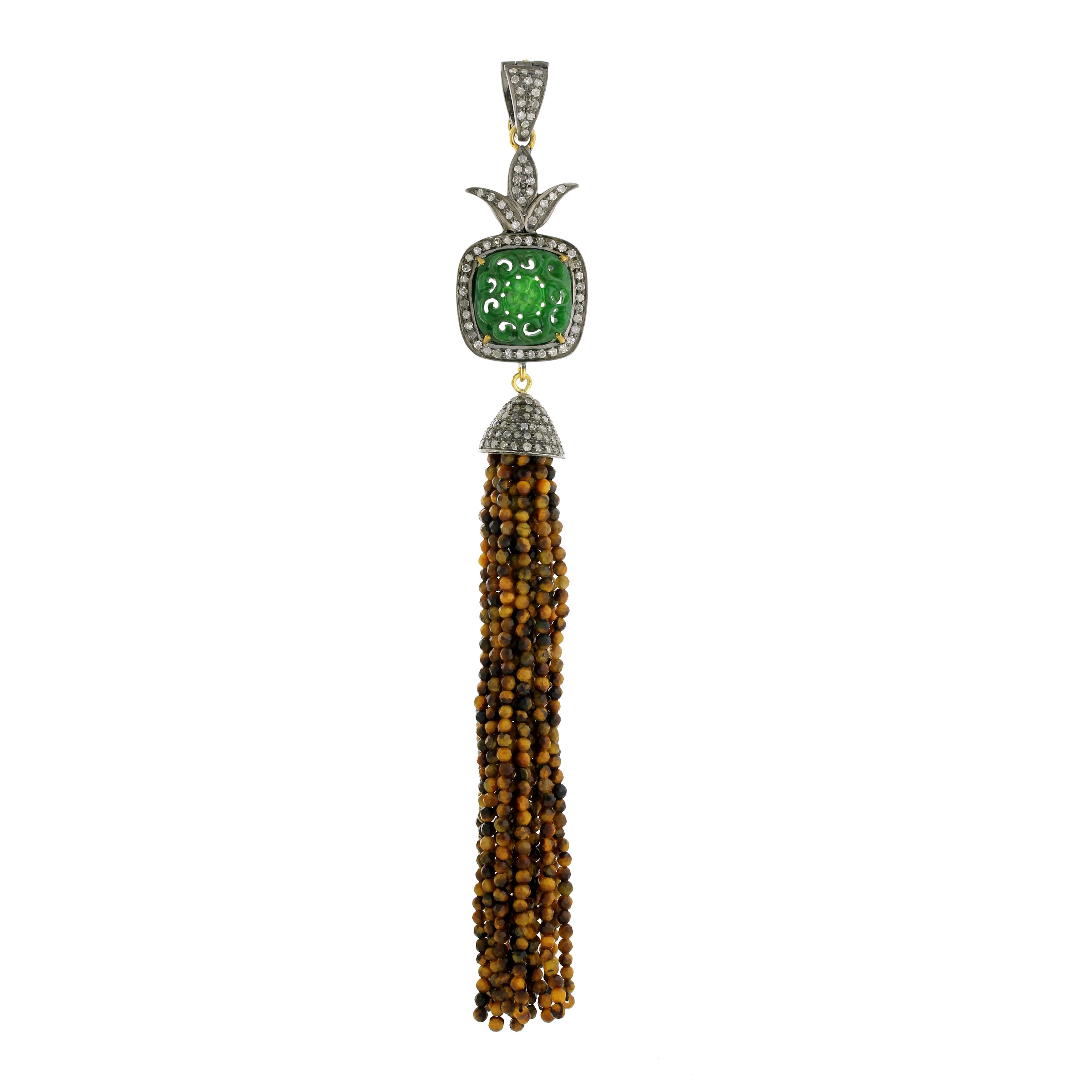Mixed Cut Jade & Tiger Eye Tassel Pendant with Pave Diamonds in 18k Yellow Gold & Silver For Sale