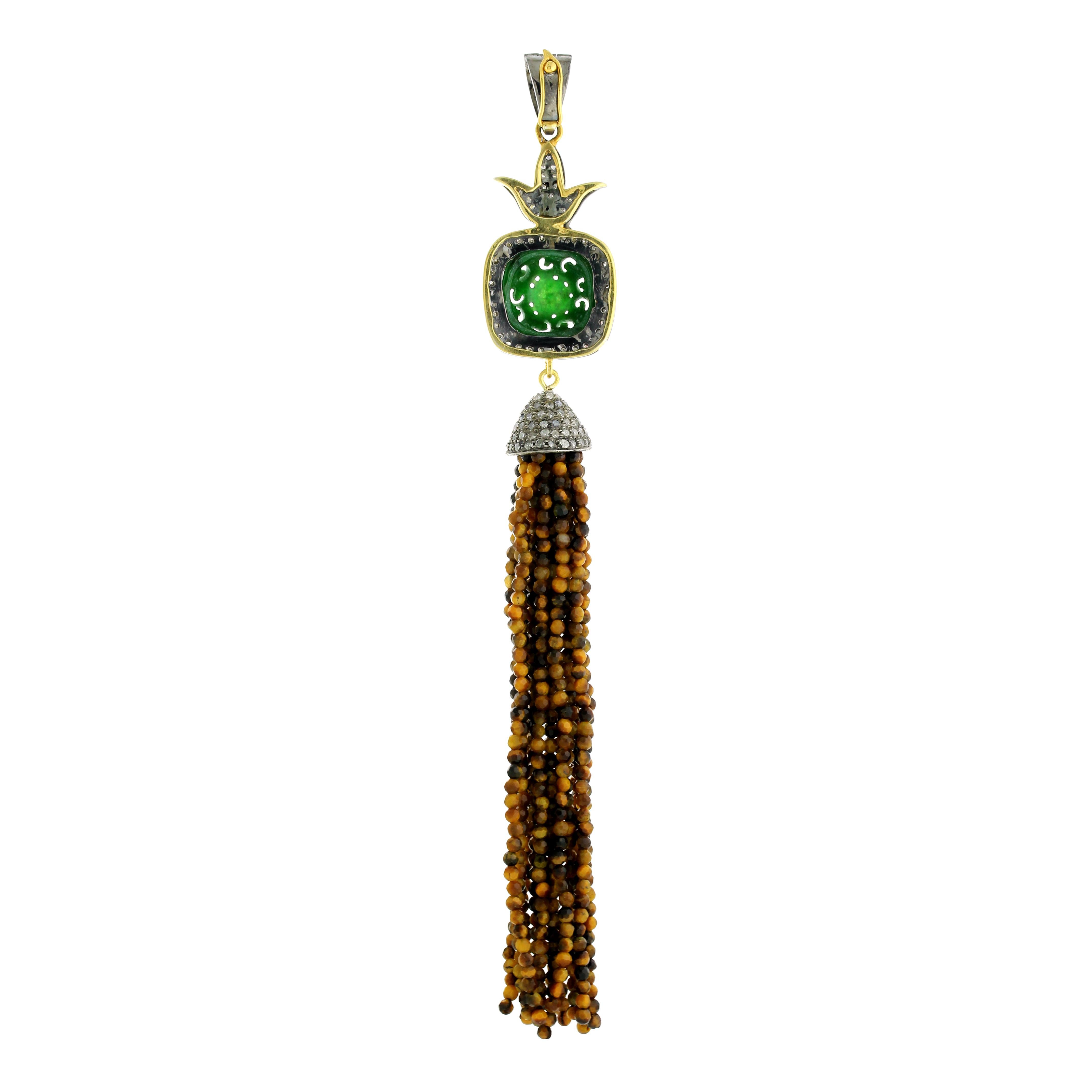 Jade & Tiger Eye Tassel Pendant with Pave Diamonds in 18k Yellow Gold & Silver In New Condition For Sale In New York, NY