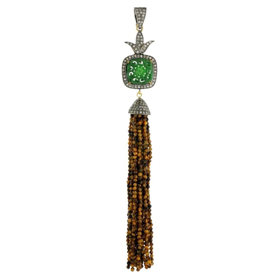 Jade & Tiger Eye Tassel Pendant with Pave Diamonds in 18k Yellow Gold & Silver For Sale