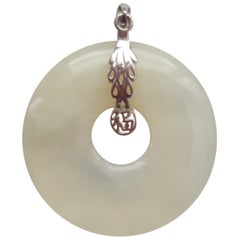 Jade Translucent White Fine Circle with 18 Karat White Gold Decorative Bail