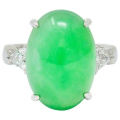 Jade Trillion Cut Diamond Platinum Cabochon Ring GIA