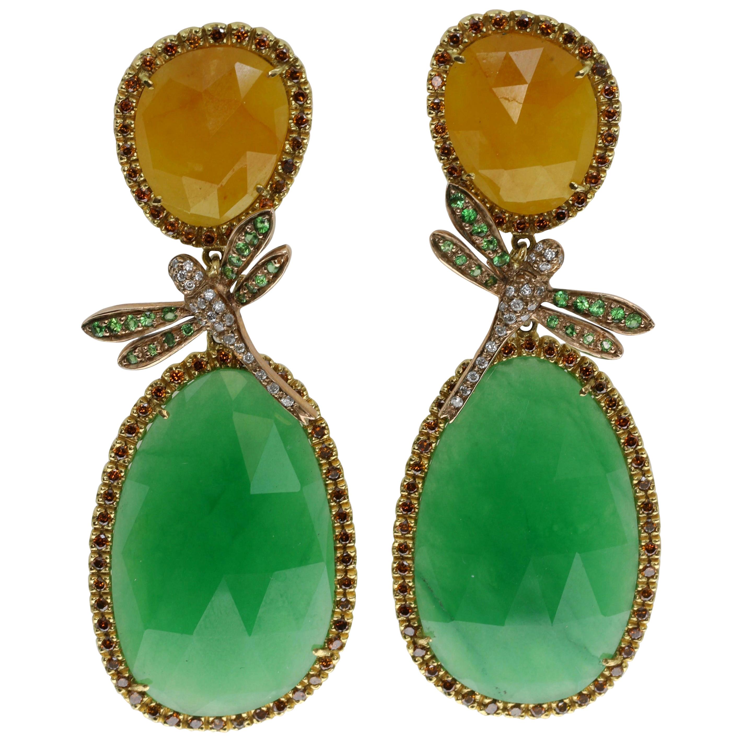 21st Century 18 Karat Yellow Gold Jade Tsavorite and Diamond Dragonfly Earrings For Sale
