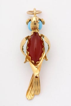 Jade, Turquoise, Carnelian with Red Enamel Eyes Whimsical Gold Parrot Charm