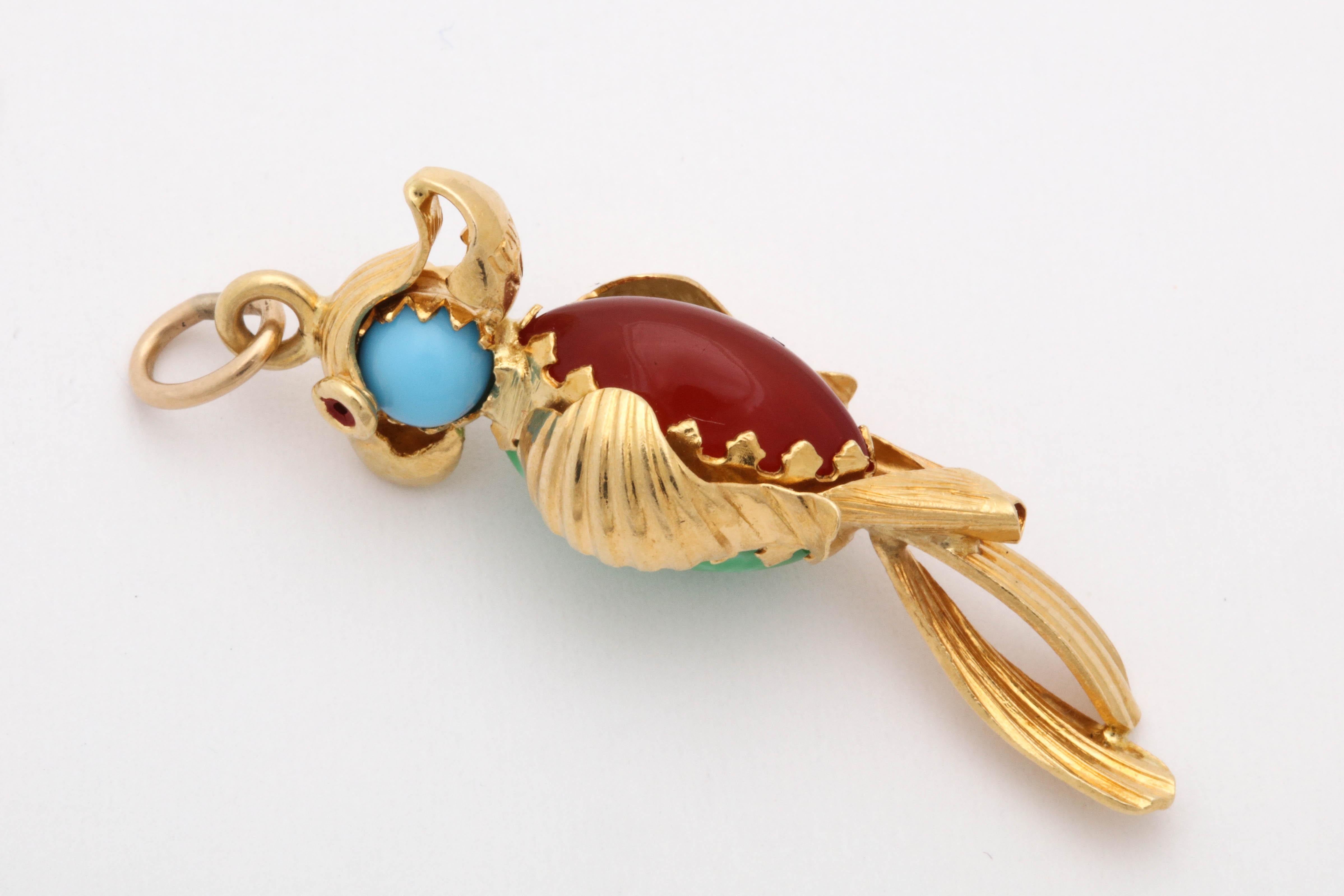 Marquise Cut Jade, Turquoise, Carnelian with Red Enamel Eyes Whimsical Gold Parrot Charm