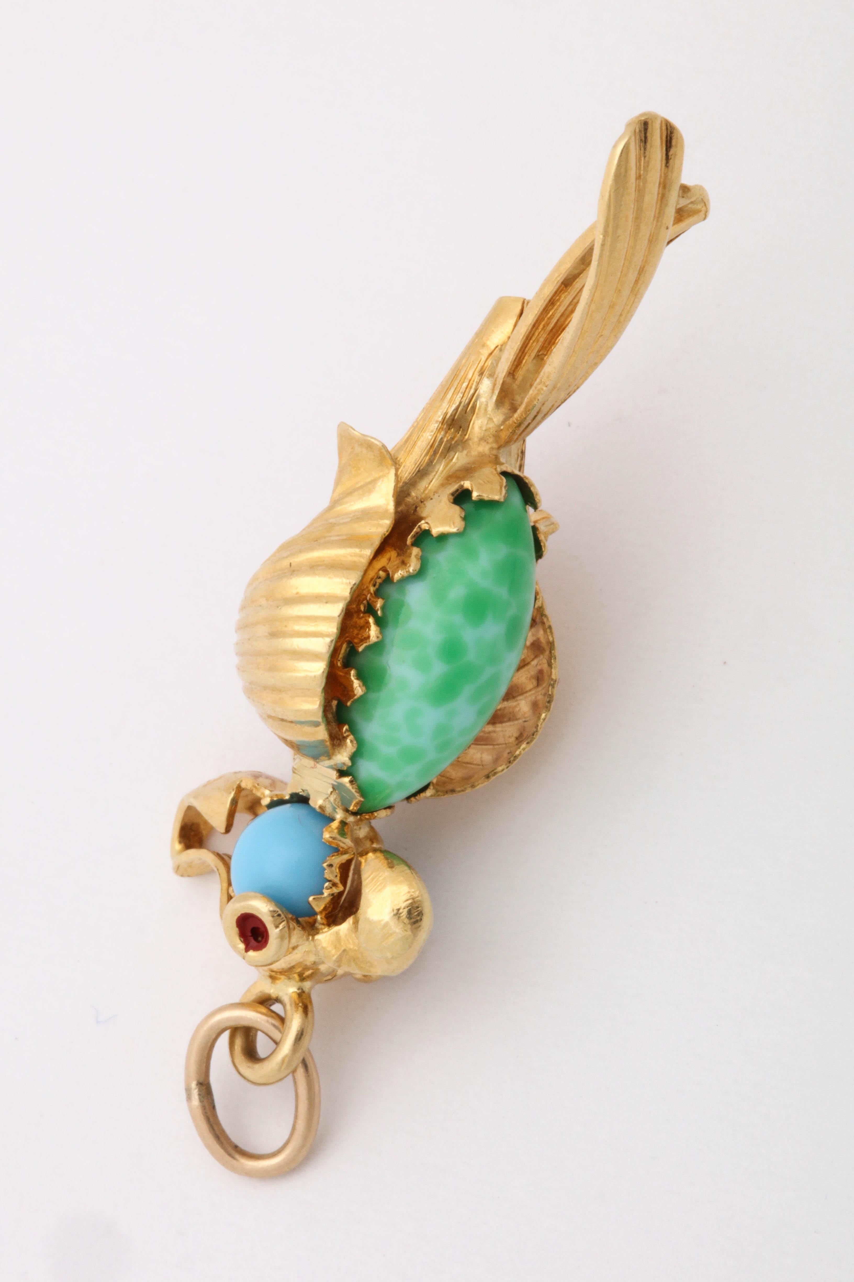 Jade, Turquoise, Carnelian with Red Enamel Eyes Whimsical Gold Parrot Charm In Good Condition In New York, NY