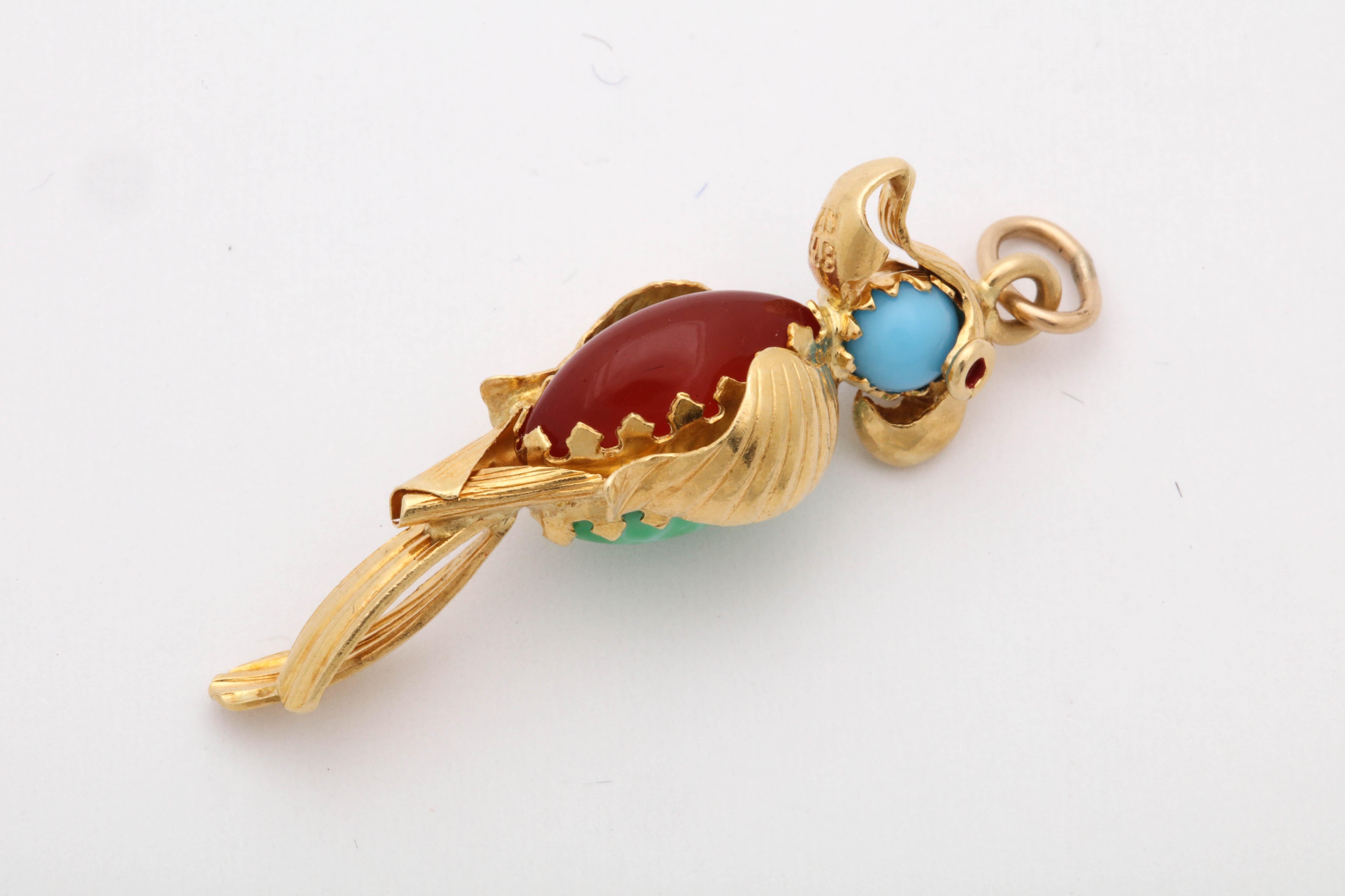 Jade, Turquoise, Carnelian with Red Enamel Eyes Whimsical Gold Parrot Charm 1