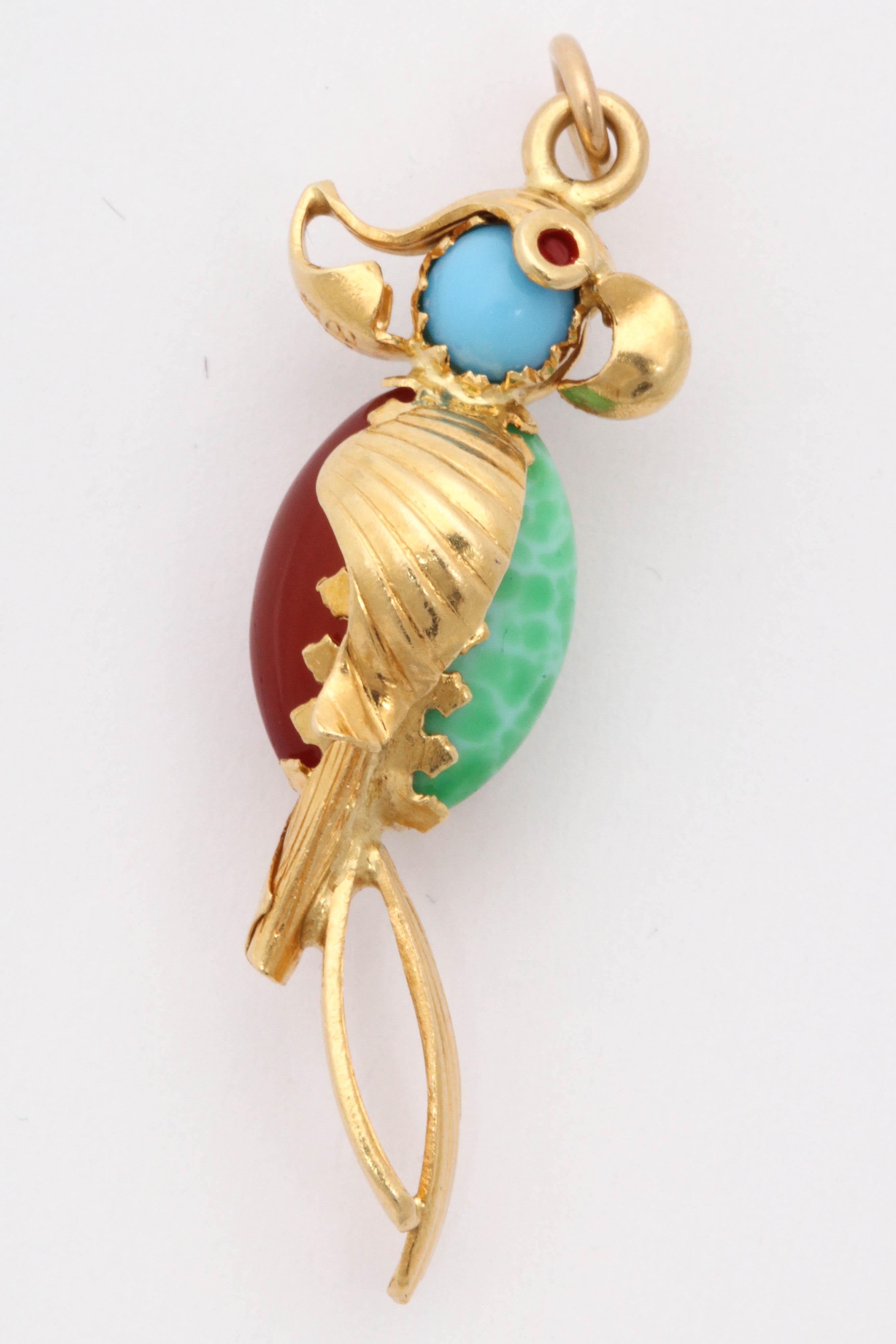 Jade, Turquoise, Carnelian with Red Enamel Eyes Whimsical Gold Parrot Charm 2