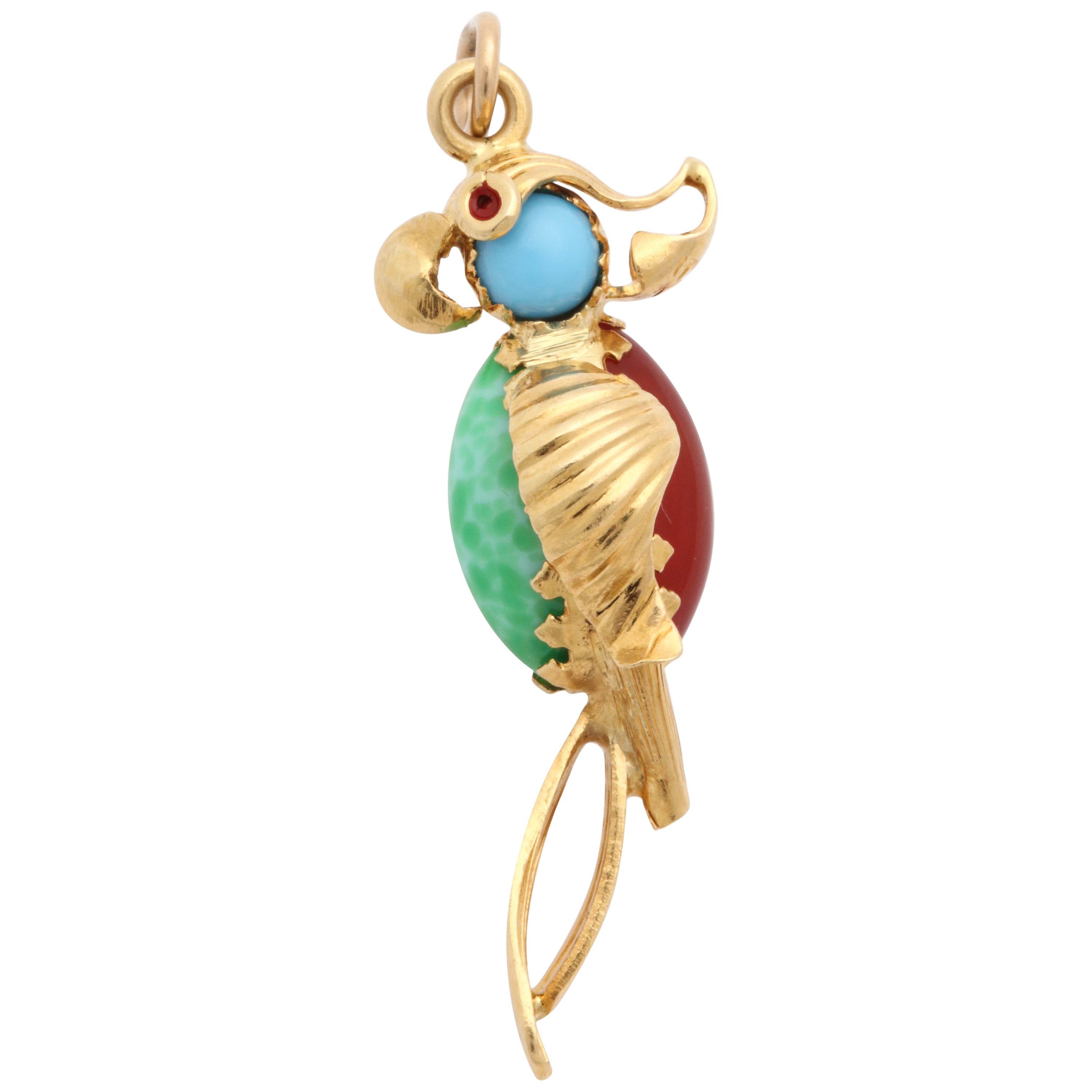 Jade, Turquoise, Carnelian with Red Enamel Eyes Whimsical Gold Parrot Charm