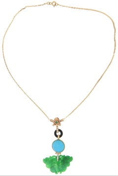 Jade Turquoise Onyx Diamonds Emerald 18 Carat Yellow Gold Drop Necklace