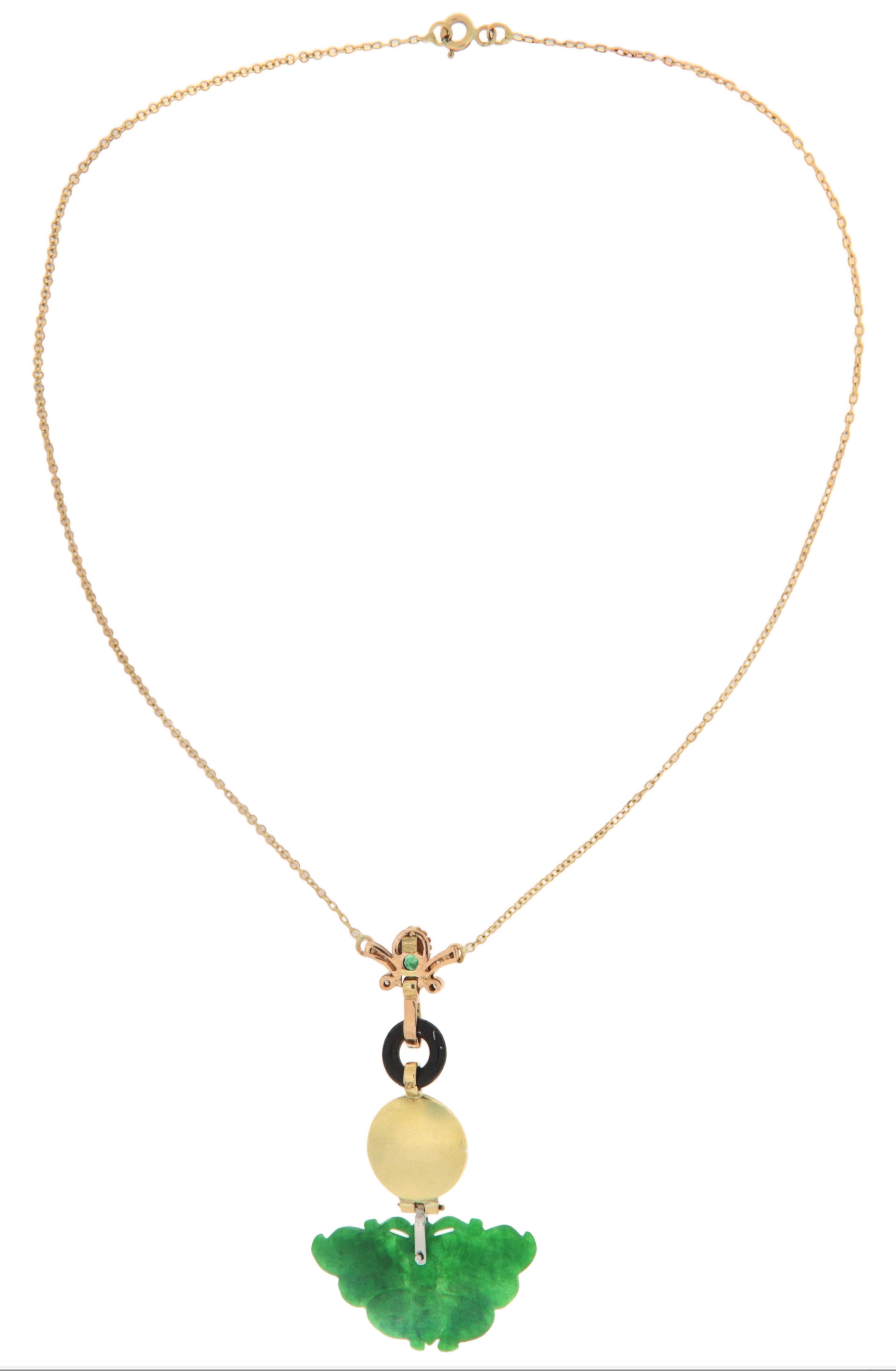 Artisan Jade Turquoise Onyx Diamants Emeraude Collier Pendentif Or Jaune 18 Kt en vente