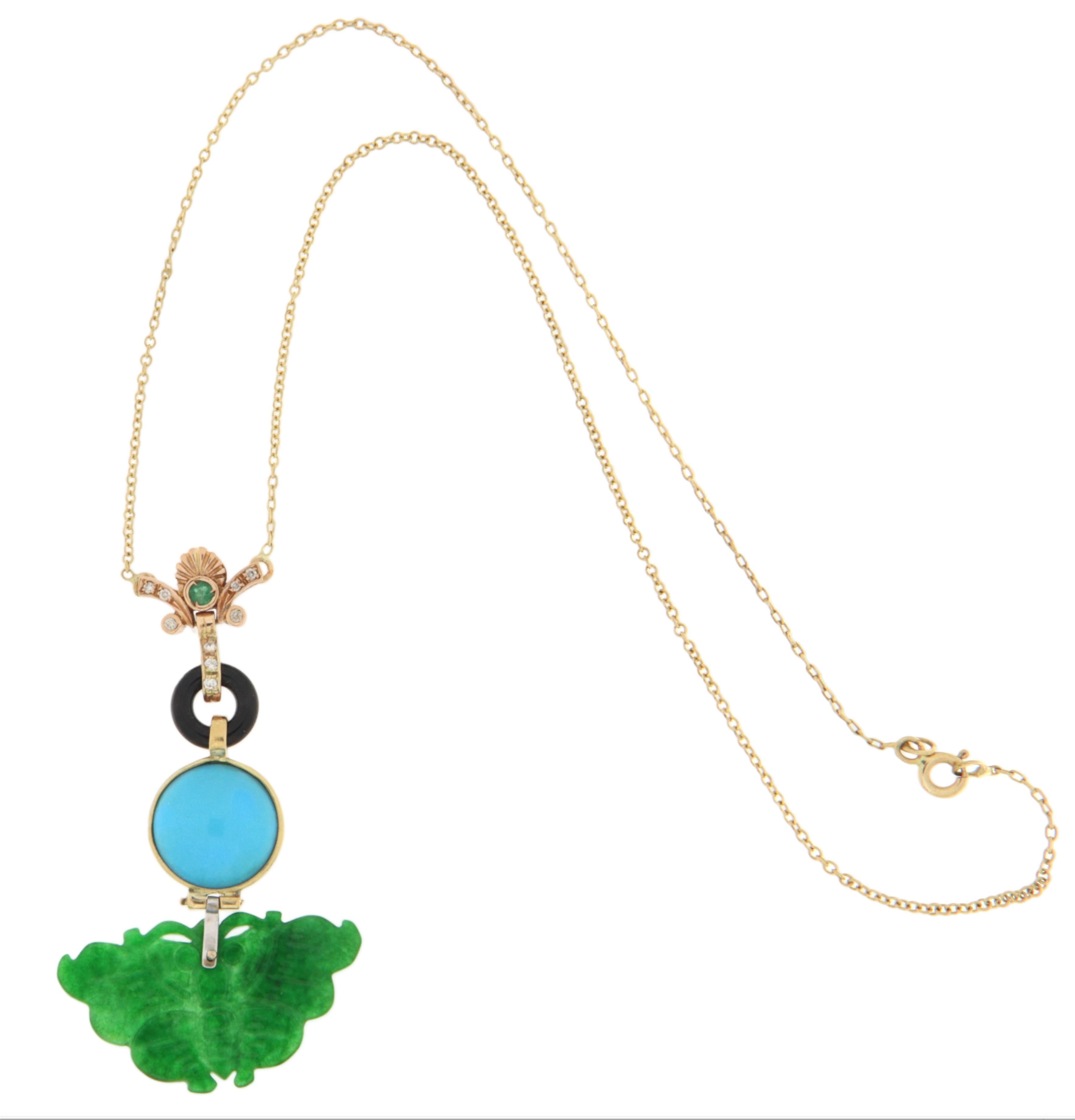 Taille mixte Jade Turquoise Onyx Diamants Emeraude Collier Pendentif Or Jaune 18 Kt en vente