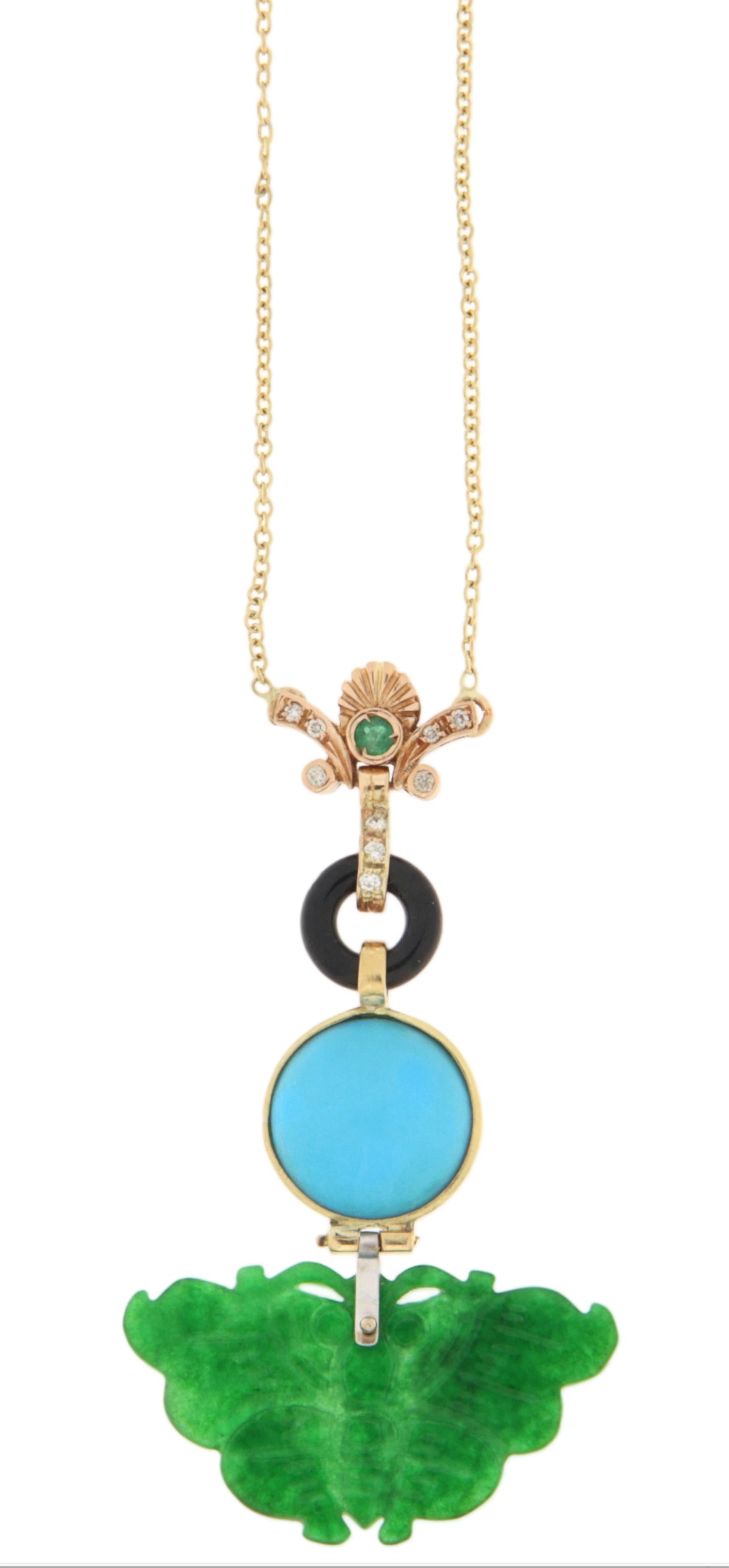 Jade Turquoise Onyx Diamants Emeraude Collier Pendentif Or Jaune 18 Kt Neuf - En vente à Marcianise, IT