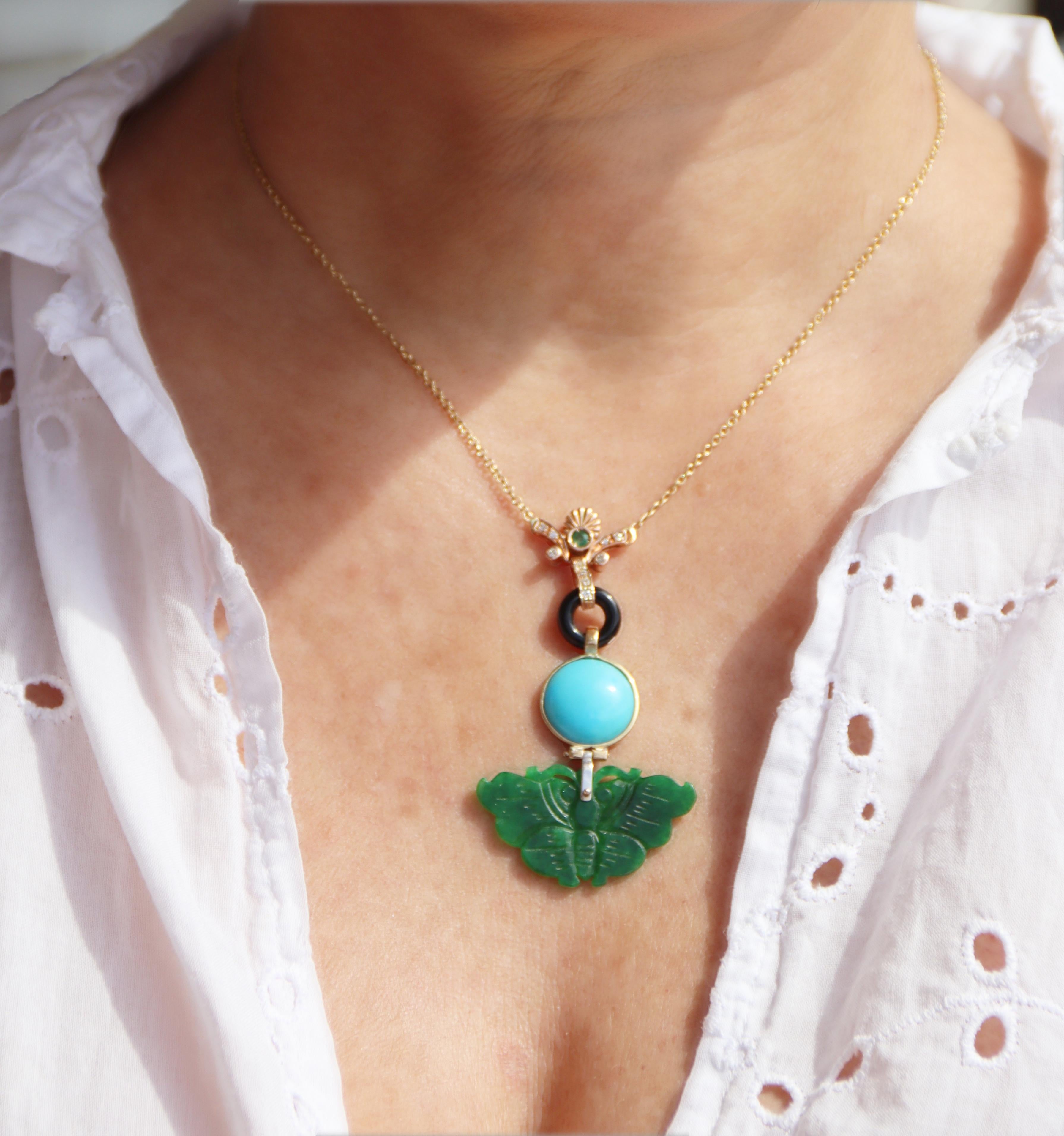 Jade Turquoise Onyx Diamants Emeraude Collier Pendentif Or Jaune 18 Kt Pour femmes en vente